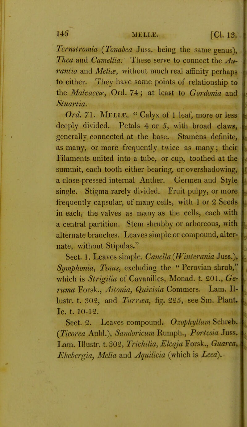 140' WLL13L. [CI. 13. Ternstramia (Tonabea Juss. being the same genus), Thea and Camellia. These serve to connect the Ait- rantia and Alelice, without much real affinity perhaps to either. Xhey have some points of relationship to the Malvaceae, Ord. 74; at least to Gordonia and Stuartia. Ord, 71. Melue.  Calyx of 1 leaf, more or less deeply divided. Petals 4 or 5, with broad claws, generally connected at the base. Stamens definite, as many, or more frequently twice as many; their Filaments united into a tube, or cup, toothed at the summit, each tooth either bearing, or overshadowing, a close-pressed internal Anther. Germen and Style single. Stigma rarely divided. Fruit pulpy, or more frequently capsular, of many cells, with 1 or 2 Seeds in each, the valves as many as the cells, each with a central partition. Stem shrubby or arboreous, with alternate branches. Leaves simple or compound, alter- nate, without Stipulas. Sect. 1. Leaves simple. Canella {JVinteranla Juss.), Sj/mpho?iia, Tinus, excluding the  Peruvian shrub, which is Strigilia of Cavanilles, Monad, t. 201., Ge- mma Forsk., Aito?iia, Quivisia Commcrs. Lam. II- lustr. t. 302, and Turrcca, fig. 225, see Sm. Plant. Ic. t. 10-12. Sect. 2. Leaves compound. Ozopkyllum Schreb. (Ticoixa Aubl.), Sandoricum Rumph., Portciia Juss. Lam. Illustr. t. 302, Trichilia, Elcaja Forsk., Guarca, Elcebergia, Mella and Aquilicia (which is Lcca).