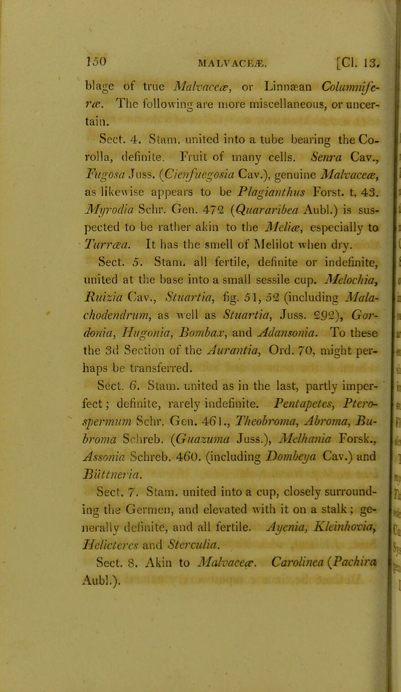 blage of true Malvaccce, or Linnaean Columriife- rcs. The following are more miscellaneous, or uncer- tain. Sect. 4. Shim, united into a tube bearing the Co- rolla, definite. Fruit of many cells. Senra Cav., Fugosa Juss. (Cienfuegosia Cav.), genuine Malvacece, as likewise appears to be Piagianthus Forst. t. 43. Myrodia Schr. Gen. 472 (Quararibea Aubl.) is sus- pected to be rather akin to the Mdice, especially to Turrcea. It has the smell of Melilot when dry. Sect. 5. Stam, all fertile, definite or indefinite, united at the base into a small sessile cup. Melochia, Ruizia Cav., Siuartia, fig. 51, 52 (including Mala- chodendrum, as uell as Stuartia, Juss. 292), Gar- denia, Hugonia, Bombay, and Adansonia. To these the 3d Section of the Aurantia, Ord. 70, might per- haps be transferred. Sect. 6. Stam. united as in the last, partly imper- fect ; definite, rarely indefinite. Pentapetes, Ptero- spermum Schr. Gen. 461., Theobroma, Abroma, Bu- broma Schreb. {Guazuma Juss.), Mdhania Forsk., Assonia Schreb. 460. (including Dombeya Cav.) and But trier ia. Sect. 7. Stam. united into a cup, closely surround- ing the Germen, and elevated with it on a stalk; ge- nerally definite, and all fertile. Ayenia, Kle'mhovia, Hclictercs and Sterculia. Sect. 8. Akin to Malvacece. Carolinea {Pachira Aubl.).