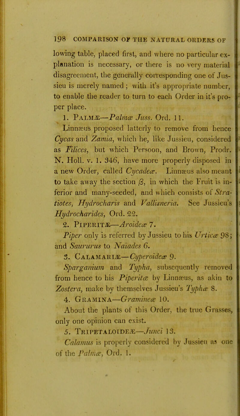 lowing table, placed first, and where no particular ex- planation is necessary, or there is no very material disagreement, the generally corresponding one of Jus- sieu is merely named ; with it's appropriate number, to enable the reader to turn to each Order in it's pro- per place. 1. PalmjE—PalnuB Juss. Ord. 11. Linnaeus proposed latterly to remove from hence Cycas and Zamia, which he, like Jussieu, considered as Tilices, but which Persoon, and Brown, Prodr. N. Holl. v. i. 346, have more properly disposed in a new Order, called Cycadece. Linnaeus also meant to take away the section (3, in which the Fruit is in- ferior and many-seeded, and which consists of Stra- tiotes, Hydrocharis and Vattisneria. See Jussieu's Hydrocharides, Ord. 22. 2. Piperitje—Aroideee 7. Pipe?* only is referred by Jussieu to his Urticce 9$\ and Saururus to Naiades 6. 5. Calamari2E—Cyperoidece 9- Sparganium and Typha, subsequently removed from hence to his Piperita by Linnaeus, as akin to Zostera, make by themselves Jussieu's Typha; 8. 4. Gramina—Graminece 10. About the plants of this Order, the true Grasses, only one opinion can exist. 5. Tripetaloideje—Junci 13. Calamus is properly considered by Jussieu as one of the Palnitf, Ord. 1.