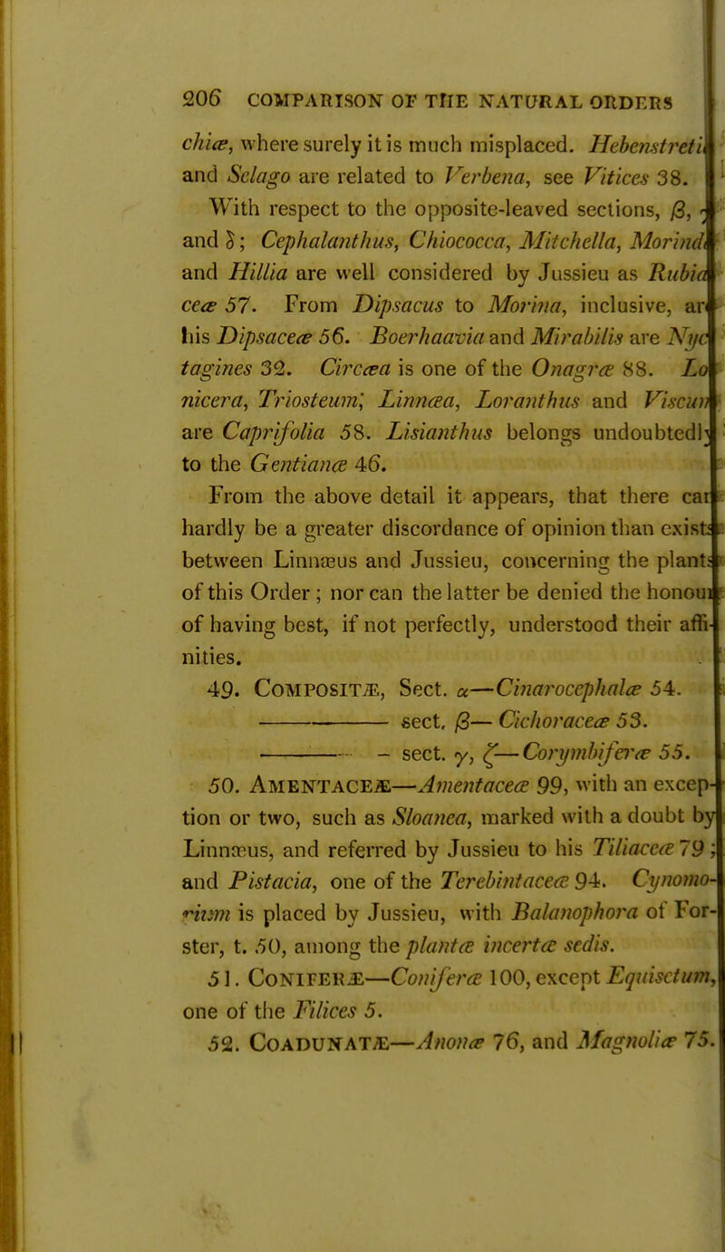 chice, where surely it is much misplaced. Hebemtretl and Sclago are related to Verbena, see Vitices 38. With respect to the opposite-leaved sections, (3, * and 5; Cephalanthus, Chiocoeca, Mitchella, Morindt and Hillia are well considered by Jussieu as Rubia cecB 57. From Dipsacus to Morhia, inclusive, ar his Dip.sacete 56. Boerhaavia and Mirabilis are Nyc tagines 32. Ciraea is one of the Onagra 88. Lo nicer a, Triosteum, Llnnaa, Lor ant h us and Viscun are Caprifolia 58. Lisianthus belongs undoubtedly : to the Gentiance 46. From the above detail it appears, that there car if hardly be a greater discordance of opinion than exist: I between Linnaeus and Jussieu, concerning the plant; of this Order ; nor can the latter be denied the honoui: of having best, if not perfectly, understood their affi- nities. 49. Composite, Sect. «—Cinaroccphalce 54. sect, (2— Cichoracece 53. • - sect, y, —Corymlnjerir 55. 50. AMENTACEiE—Amentacea 99, with an excep- tion or two, such as Sloanea, marked with a doubt by Linnceus, and referred by Jussieu to his Tiliacetf 79; and Pistacia, one of the Terebintacecv 94. Cynomo- riwm is placed by Jussieu, with Balanophora of For- ster, t. ,50, among the plant & incertcc sedis. 51. Conifers—Conifera 100, except Equisctum, one of the Filices 5. 52. Coadunatje—Anonte 76, and Magnolice 75.