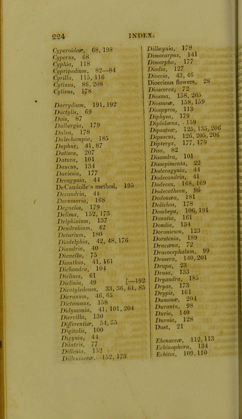 Cyperoidece, G8, 198 Cyperus, G8 Cyphia, 118 Q/pripedium, 82—84 Cyrilla, 115,114) (tyfimw, 8G, 208 Cytisus, 1/8 Dillwynia, 1/8 Dimocarpus, 141 Dimorpha, 177 Diorfta, 127 Dioecia, 43, 46 Dioecious flowers, 2S Dioscoredj 72 Diosma, 158, 205 Diosmece, 158, 159 Diospyros, 113 Diphysa, 179 Diplolcena, .159 Dipsacece, 125, 135,206 Dipsacus, 12G,205,20G Dipteryx, 177, 179 Disa, 82 Disandra, 101 Dissepimenta, 22 Dodecagynia, 44 Dodecandria, 41 Dodecas, 1G8, 1G9 Dodecatheon, 96 Dodoncea, 1S1 Dolichos, 178 Dombeya, 106,191 Donutia, 161 Dondia, 134 Doroniatm, 123 Dorstenia, 189 Draccena, 72 Dracocephalum, 99 Drosera, 140,201 I Dntpa, 23 Drusa, 133 Dryandra, 185 Dry as, 173 Drypis, 161 Diunosce, 204 Duranta, 9S 7)Hno, 140 Duroia, 128 Dust, 21 Ebenaceee, 112,113 Echitwphora, 134 £r109,110 Dacrydium, 191,192 Dactylis, 69 Dais, 87 Dalbergia, 179 DaZea, 178 Dalechampia, 185 Daphne, 41,87 Datisca, 207 Datura, 101 Daucus, 134 Daviesia, 177 Dccagynia, 44 DeCandolle's method, 195 Decandria, 4 L Decumaria, 168 Dc^uelia, 179 De/imo, 152, 173 Delphinium, 137 Dendrobium, 42 Dc.tariuin, 180 Diadclphia, 42, 48, 176 Diandric, 40 Dianella, 75 Dianthus, 41, 161 Dichondra, 104 Diclincs, 61 Diclinia, 49 [— ^2 Dkotyledones, 33, 36, 61, 8a Dicrannm, 46, 65 Dictamnus, 158 Didynamia, 41, 101, 204 Dicrcilla, 130 Differentia?, 54, 55 D>gifahs, 100 Digynia, 44 Dtlalris, 77 Dillenia, 152 DiUniiacccn, 152, 173