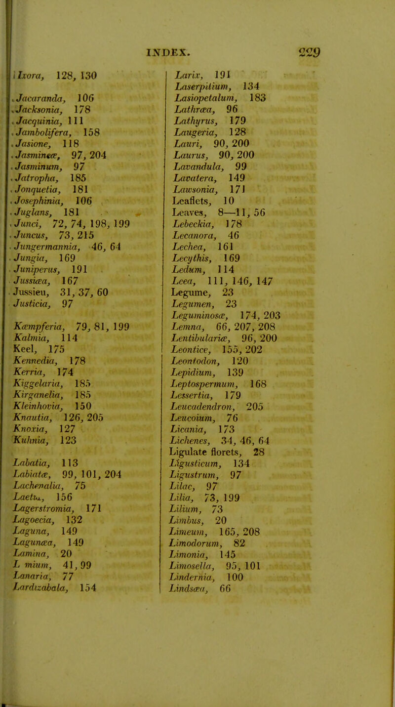 ijacaranda, 106 .Jacksonia, 178 . Jacquinia, 111 .Jambolifera, 158 . Jasione, 118 . Jasminece, 97, 204 .Jasminum, 97 .Jatropha, 185 .Jonquetia, 181 .Josephinia, 106 .Juglans, 181 Aftmci, 72, 74, 198, 199 ■ J uncus, 73,215 . Jungermannia, 46, 64 Jungia, 169 . Juniperus, 191 Jussicea, 167 Jussieu, 31, 37, 60 Justicia, 97 Kcempferia, 79,81,199 Kalmia, 114 Keel, 175 Kennedia, 178 Kerria, 174 Kiggelaria, 185 Kirganelia, 185 Kleinhovia, 150 Knautia, 126, 205 Knoxia, 127 Kuhnia, 123 Labatia, 113 Labiate, 99, 101, 204 Lachevalia, 75 Laethx, 156 Lagerstromia, 171 Lagoecia, 132 Laguna, 149 LagutuEa, 149 Lamina, 20 I. miwTO, 41,99 Lanaria, 77 Lardizabala, 154 INDEX. LastrpUhim, 134 Lasiopetalum, 183 Lathraa, 96 Lathyrus, 179 Laugeria, 128 Lawri, 90, 200 Lauras, 90,200 Lavandula, 99 Lavatera, 149 Lawsonia, 17 J Leaflets, 10 Leaves, 8—11, 56 Lebeckia, 178 Lecanora, 46 Lechea, 1 (i 1 Lecythis, 169 Ledum, 114 Leea, 111,146,147 Legume, 23 Legumen, 23 Leguminoscs, 174, 203 Lemna, 66, 207, 208 Lentibularue, 96, 200 Leontice, 155, 202 Leoniodon, 120 Lepidium, 139 Leptospermum, 168 Lcssertia, 179 Leucadendron, 205 Leucoium, 76 Licania, 173 Lichenes, 34, 46, 64 Ligulate florets, 28 lAguslicum, 134 Li gust rum, 97 Lilac, 97 LiUa, 73, 199 Lilium, 73 Limbus, 20 Limeum, 165, 208 Limodorum, 82 Limonia, 145 Limosella, 95, 101 l.indcrnia, 100 Lindsa'a, 66