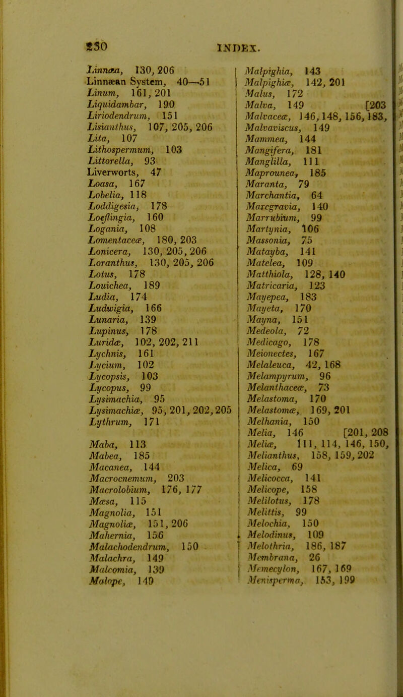 Linnaa, 130,206 Linnaean System, 40—51 Linum, 161, 201 Liquidambar, 190 Liriodendrum, 151 Lisianthus, 107, 205, 206 Lita, 107 Lithospermum, 103 Littorella, 93 Liverworts, 47 Loasa, 167 Lobelia, 118 Loddigesia, 178 Loeflingia, 160 Logania, 108 Lomentacecp, 180, 203 Lonicera, 130, 205,206 Loranthus, 130, 205, 206 Lotus, 178 Louichea, 189 Ludia, 174 Ludwigia, 166 Lunaria, 139 Lupinus, 178 Luride, 102,202,211 Lychnis, 161 Lycium, 102 Lycopsis, 103 Lycopus, 99 Lysimachia, 95 Lysimachia, 95, 201, 202,205 Lythrum, 171 Mairt, 113 Mabea, 185 Macanea, 144 Macrocnemum, 203 Macrolobium, 176, 177 Mcesa, 115 Magnolia, 151 Magnolia, 151,206 Mahernia, 156 Malacfwdendrum, 150 Malachra, 149 Malcomia, 139 Malprghia, 143 Malpighia, 142, 201 Ma/w*, 172 ATa/ra, 149 [203 Malvacecc, 146,148, 156, 183, Malvaviscus, 149 Mammea, 144 Mangifera, 181 Manglilla, 111 Maprounea, 185 Maranta, 79 Marchantia, 64 Marcgravia, 140 Marrubium, 99 Martynia, 106 Massonia, 75 Matayba, 141 Matelea, 109 Matthiola, 128, 140 Matricaria, 123 Mayepea, 183 May eta, 170 Mayna, 151 Medeola, 72 Medicago, 178 Meionectes, 167 Melaleuca, 42, 168 Melampyrum, 96 Melanthaceee, 73 Melastoma, 170 Melastomce, 169, 201 Melhania, 150 ilfefta, 146 [201,208 MeZitf, 111, 114, 146, 150, Melianthus, 158, 159,202 Melica, 69 Melicocca, 141 Melicope, 158 Melilotus, 178 Melittis, 99 Melochia, 150 Melodinus, 109 Melothria, 186, 187 Mtvnbrana, 26 Mfmecylon, 167, 169