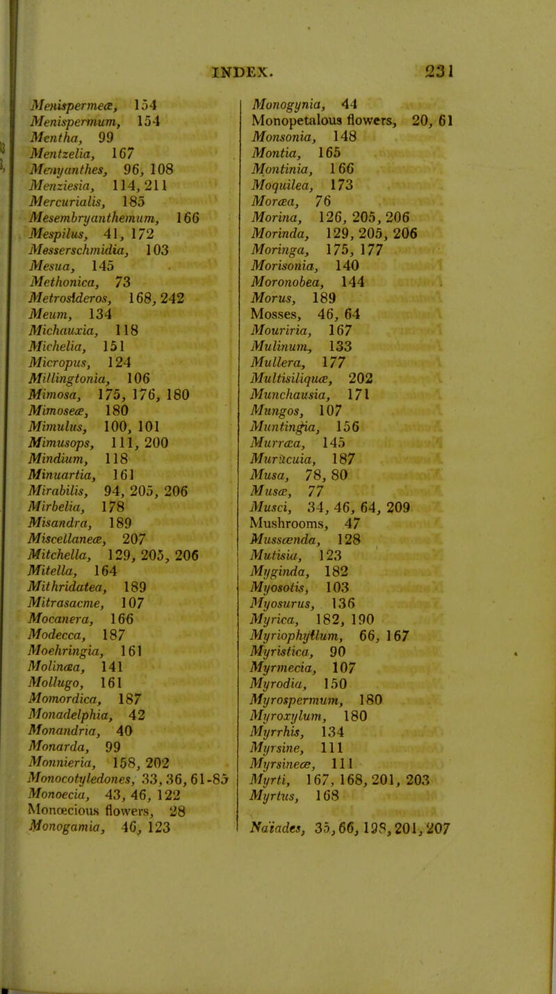 Menispermece, 154 Menispermum, 154 Mentha, 99 Mentzelia, 167 Menyanthes, 96, 108 Menziesia, 114,211 Mercurialis, 185 Mesembryanthemum, 166 Mespilus, 41, 172 Messerschmidia, 103 Mesua, 145 Mcthonica, 73 Metroslderos, 168,242 Meum, 134 Michauxia, 118 Michelia, 151 Micropus, 124 MUlingtonia, 106 Mimosa, 175, 176, 180 Mimosece, 180 Mimulus, 100, 101 Mimusops, 111, 200 Mindium, 118 Minuartia, 161 Mirabilis, 94, 205, 206 Mirbelia, 178 Misandra, 189 Miscellanea, 207 Mitchella, 129, 205, 206 Mitella, 164 Mithridatea, 189 Mitrasacme, 107 Mocanera, 166 Modecca, 187 Moehringia, 161 Molinaa, 141 Mollugo, 161 Momordica, 187 Monadelphia, 42 Monandria, 40 Monarda, 99 Monnieria, 158, 202 Monocotyledones, 33, 36, 61-85 Monomu, 43, 46, 122 Monoecious flowers, 28 Monogamia, 46, 123 Monogynia, 44 Monopetalous flowers, 20, 61 Monsonia, 148 Montia, 165 Mantinia, 166 Moquilea, 173 Morcea, 76 Moriraa, 126,205,206 Morinda, 129, 205, 206 Moringa, 175, 177 Morisonia, 140 Moronobea, 144 Morus, 189 Mosses, 46, 64 Mouriria, 167 MulinunL, 133 Mullera, 177 MultisiliqtUB, 202 Munchausia, 171 Mungos, 107 Muntingia, 156 Murreca, 145 MurUcuia, 187 Musa, 78, 80 Mms«, 77 ATu.9d, 34, 46, 64, 209 Mushrooms, 47 Musscenda, 128 Mutisia, 123 Myginda, 182 Myosotis, 103 Myosurus, 136 Myrica, 182, 190 Myriophyllum, 66, 167 Myristica, 90 Myrmecia, 107 Myrodia, 150 Myrospermum, 180 Myroxylum, 180 Myrrhis, 134 Myrsine, 111 M>/rsinece, 111 <l/;/r/i, 167,168,201, 203 Myrtus, 168 Xaiades, 35,66,19P, 201,207