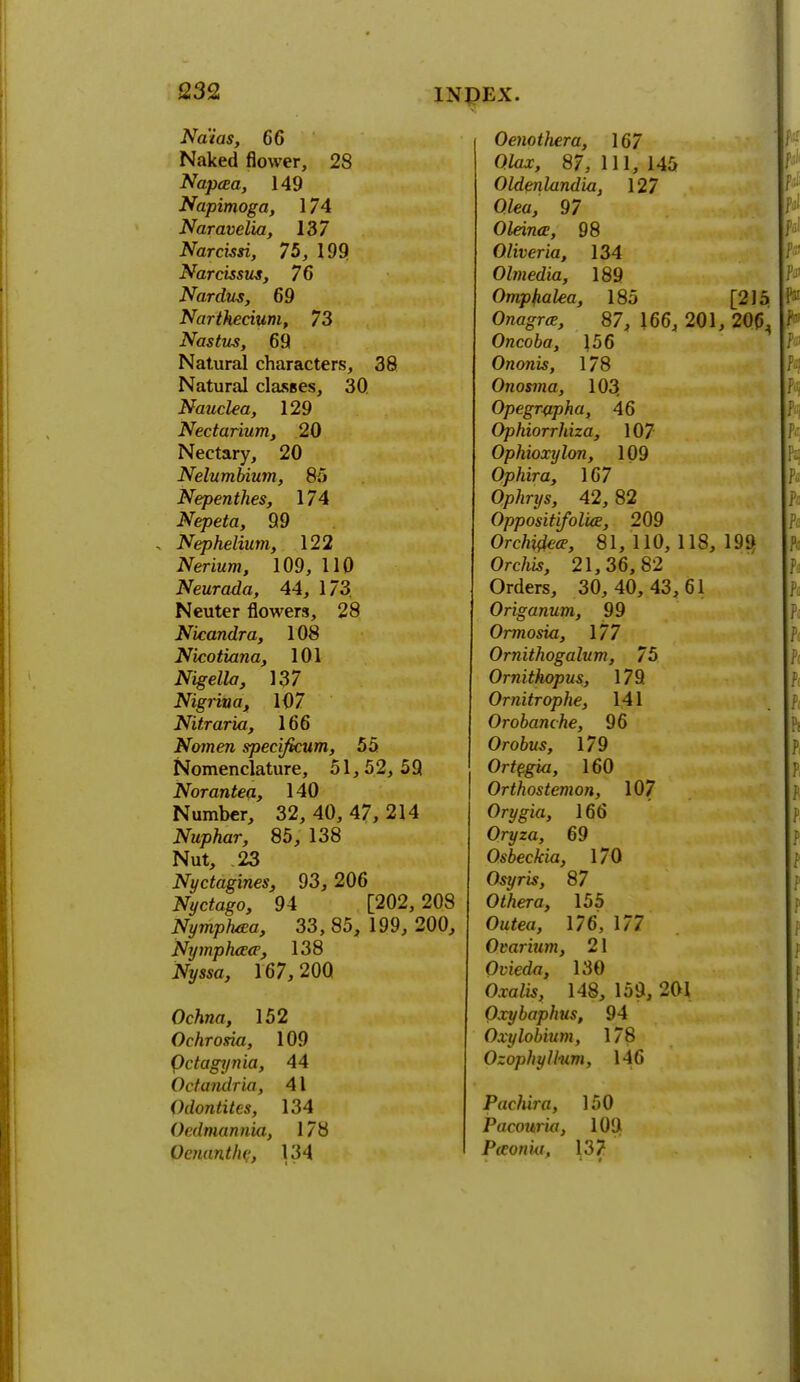 Na'ias, 66 Naked flower, 28 Napaa, 149 Napitnoga, 174 Naravelia, 137 Narcissi, 75, 199 Narcissus, 76 Nardus, 69 Nartheciuni, 73 Nastus, 69 Natural characters, 38 Natural classes, 30. Nauclea, 129 Nectarium, 20 Nectary, 20 Nelumbium, 85 Nepenthes, 174 Nepeta, 99 , Nephelium, 122 Nerium, 109, 110 Neurada, 44, 173 Neuter flowers, 28 Nkandra, 108 Nicotiana, 101 iVigeZZo, 137 Nigrina, 107 Nitraria, 166 Nomen specificum, 55 Nomenclature, 51,52,59 Norantea, 140 Number, 32, 40, 47,214 Nuphar, 85, 138 Nut, .23 Nyctagines, 93, 206 Nyctago, 94 [202, 208 Nymphaa, 33, 85, 199, 200, Nymph&cp, 138 jVyssa, 167,20Q Oc/jwa, 152 Ochrosia, 109 Qctagi/nia, 44 Octandria, 41 Odontites, 134 Oedmannia, 178 Oenanthe, 134 Oenotliera, 167 Qtox, 87, 111, 145 Oldenlandia, 127 QZea, 97 OZdn<r, 98 Oliveria, 134 Olmedia, 189 Omphalea, 185 [215 Ono^rtf, 87, 166, 201, 206,, Oncoba, 156 Ononis, 178 Onosma, 103 Opegrypha, 46 Ophiorrhiza, 107 Ophioxylon, 109 Ophira, 167 O/5/in/s, 42,82 Oppositifolue, 209 Orchideee, 81,110,118,199, Orc/i«, 21,36,82 Orders, 30, 40, 43,61 Origanum, 99 Ormosia, 177 Ornithogalum, 75 Omithopus, 179 Ornitrophe, 141 Orobanche, 96 Orofcws, 179 Ortegia, 160 Orthostemon, 107 Orygia, 166 Oryza, 69 Osbeckia, 170 Osyris, 87 OZ/iercr, 155 Ou<e«, 176, 177 Ovarium, 21 Ovieda, 130 OxaZw, 148, 159, 201 Oxybaphus, 94 Oxylobium, 178 Ozophylhim, 146 Paclura, 150 Pacottrw, 109 Paon'w, 137