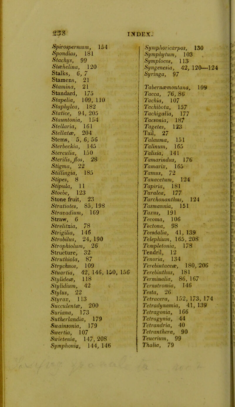 Spirospermum, 154 Spondias, 181 Stachys, 99 Stcehelina, 120 Stalks, 6, 7 Stamens, 21 Stamina, 21 Standard, 175 Stapelia, 109, 110 Stapkylea, 182 -Stance, 94, 205 Stauntonia, 154 Stellaria, 161 Stellatce, 204 Stems, 5, 6, 56 Sterbeckia, 145 Sterculia, 150 Sterilis,Jtos, 28 Stigma, 22 Stillingia, 185 Stipes, 8 Stipula, 11 Stoeie, 123 Stone fruit, 23 Stratiotes, 85, 198 Stravadium, 169 Straw, 6 Strelitzia, 78 Strigilia, 146 Strobilus, 24, 190 Strophiolum, 26 Structure, 32 Struthiola, 87 Strychnos, 109 Stuartia, 42, 146, 150, 156 Stylidece, 118 Stylidium, 42 Stytos, 22 Sty rax, 113 Succulentce, 200 Suriana, 173 Sutherlandia, 179 Swainsonia, 179 Swertia, 107 Swietenia, 147,208 Symphonig, 144, 146 Symphoricarpos, 130 Symphytum, 103 Symplocos, 113 Syngenesia, 42, 120—124 Syringa, 97 Tuber ncemont ana, 1OiJ Tacca, 76, 86 Taenia, 107 Tachibota, 157 Tachigalia, \77 Tacsonia, 187 Tagetes, 123 Tail, 27 Talauma, 151 Talinum, 165 Jafoia, 141 Tamarindus, 176 Tamarix, 165 Tamus, 72 Tanacetum, 124 Tapiria, 181 Taralea, 177 Tarchonanthus, 124 Tasmannia, 151 T(/.n/s, 191 Tecoma, 106 Tectona, 98 Teesdalia, 41, 139 Telephium, 165, 208 Templetonia, 178 Tendril, 12 Tenoria, 134 Terebintacece, 180, 206 Tercbinthus, 181 Terminalia, 86, 167 Ternstrom ia, 146 Testa, 26 Tetracera, 152, 173, 174 TWradynamia, 41, 139 Tetragonia, 166 Tetragynia, 44 Tctrandria, 40 Tetranthera, 90 Teucrium, 99 TVia/iff, 79