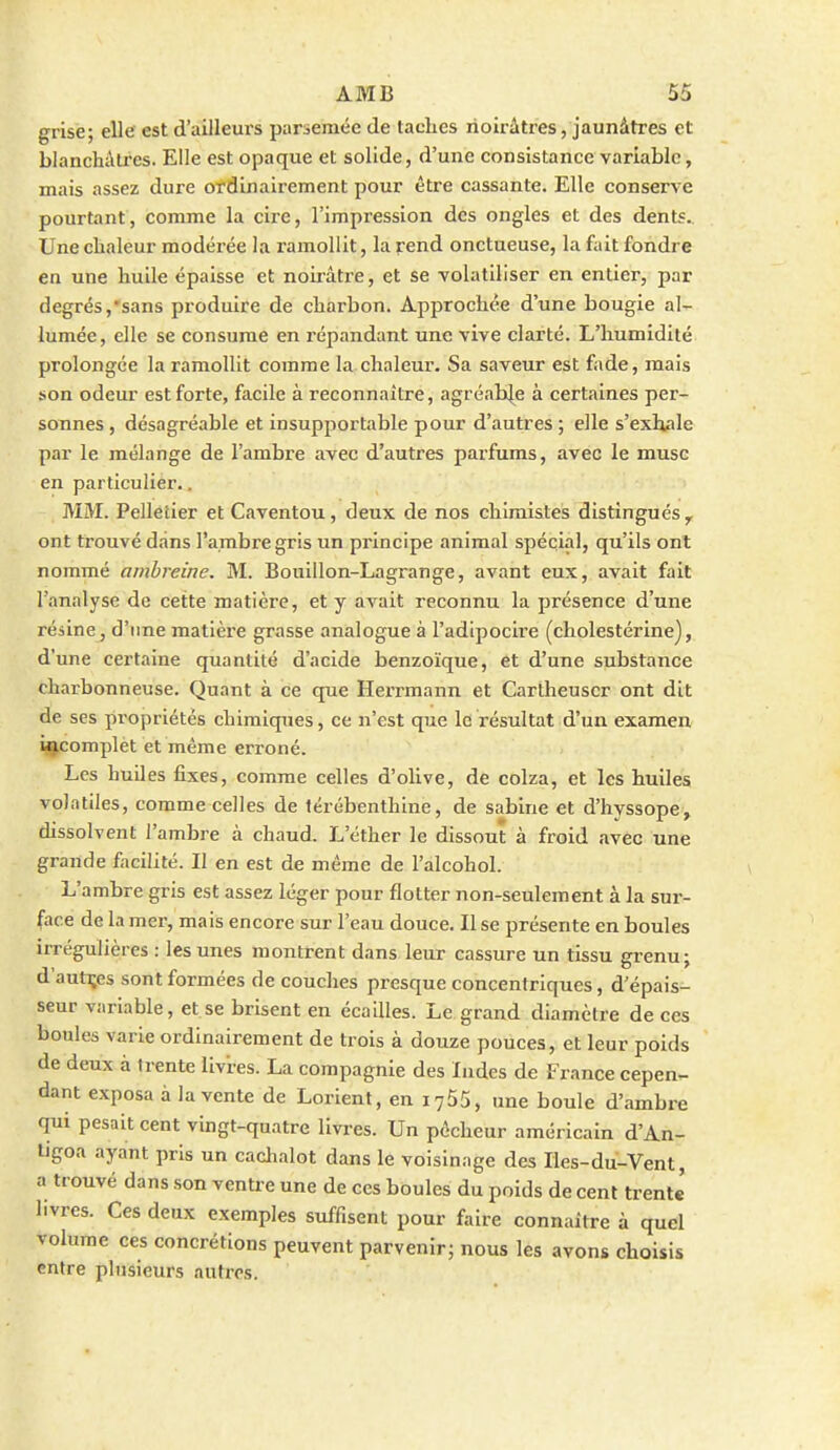 grise; elle est d'ailleurs parsemée de laclies noirâtres, jaunâtres et blanchâtres. Elle est opaque et solide, d'une consistance variable, mais assez dure ordinairement pour être cassante. Elle conserve pourtant, comme la cire, l'impression des ongles et des dents. Une chaleur modérée la ramollit, la rend onctueuse, la fait fondre en une huile épaisse et noirâtre, et se volatiliser en entier, par degrés,sans produire de charbon. Approchée d'une bougie al- lumée, elle se consume en répandant une vive clarté. L'humidité prolongée la ramollit comme la chaleur. Sa saveur est fade, mais son odeur est forte, facile à reconnaître, agréab|^e à certaines per- sonnes , désagréable et insupportable pour d'autres ; elle s'exhale par le mélange de l'ambre avec d'autres parfums, avec le musc en particulier.. MM. Pelletier et Caventou, deux de nos chimistes distingués ^ ont trouvé dans l'ambre gris un principe animal spécial, qu'ils ont nommé amhreine. M. Bouillon-Lagrange, avant eux, avait fait l'analyse de cette matière, et y avait reconnu la présence d'une réiine, d'une matière grasse analogue à l'adipocire (cholestérine), d'une certaine quantité d'acide benzoïque, et d'une substance charbonneuse. Quant à ce que Herrmann et Cartheuscr ont dit de ses propriétés chimiqiies, ce n'est que le résultat d'un examen ijjcomplet et même erroné. Les huiles fixes, comme celles d'olive, de colza, et les huiles volatiles, comme celles de térébenthine, de sabine et d'hyssope, dissolvent l'ambre à chaud. L'éther le dissout à froid avec une grande facilité. Il en est de même de l'alcohol. L'ambre gris est assez léger pour flotter non-seulement à la sur- face de la mer, mais encore sur l'eau douce. Il se présente en boules irrégulières : les unes montrent dans leur cassure un tissu grenu; d'autçes sont formées de couches presque concentriques, d'épais- seur variable, et se brisent en écailles. Le grand diamètre de ces boules varie ordinairement de trois à douze pouces, et leur poids de deux à trente livres. La compagnie des Indes de France cepen- dant exposa â la vente de Lorient, en 1765, une boule d'ambre qui pesait cent vingt-quatre livres. Un pécheur américain d'An- ngoa ayant pris un caclialot dans le voisinage des Iles-du-Vent, a trouvé dans son ventre une de ces boules du poids de cent trente livres. Ces deux exemples suffisent pour faire connaître à quel volume ces concrétions peuvent parvenir; nous les avons choisis entre plusieurs autres.