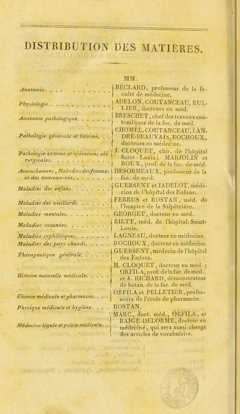 DISTRIBUTION DES MATIÈRES. Anatomie. ... Physiologie Anatomie pathologique. Pathologie générale et interne. . . Pathologie externe et opérations chi- rurgicales Accouchernens, Maladiesdesfeinm.es et des nouveau-nés. ....... Maladies des erifàns. . Maladies dés vieillards. Maladies mentales. . . Maladies cutanées. . . Maladies syphilitiques. . . Maladies des pays chauds. Thérapeutique générale. . Histoire naturelle médicale: Chimie médicale et pharmacie. . . Physique médicale et hjgiène. . . Médecine légale et police médicale. MM. BÉCLARD, professeur de la fa- culté de médecine. ADELON, COUTANCEAU, RUL- LIER, docteurs en méd. BRESCHET, chef des travauxana- tomiques de la fiic. de méd. CHOMEL, COUTANCEAU, LAN- DRÉ-BEAUVAIS, ROCHOUX, docteurs en médecine. J. CLOQUET, chir. de l'hûpital Saint-Louis; MARJOLIiV et ROUX, prof, de la fac. de-inéd. DÉSORMEAUX, professeur de la fac. de méd. GUERSENT et JADELOT. méde- cins de l'hôpital des Enfaas. iFERRUS et ROSTAN, méd. de ' l'hospice de la Sàlpêtrière. GEORGET, docteur en méd. I BIETT, méd. de l'hûpital Saiut- Louis. L AGNEAU, docteur en médecine. ROCflOUX, docteur en médecine. ; GUERSENT, médecin de l'hôpital I des Enfans. H. CLOQUET, docteur en méd. ; ORFILA.prof. delafac.deméd., et A. RICHARD, démonstrateur de botan. de la fac. de méd. ORFILAet PELLETIER, profes- seurs de l'école de pharmacie. ROSTAN. MARC, doct. méd., OR FILA, et ' RAIGE-DELORME, docteur en. méde'ciné, qui sera aussi chargé des articles de vocabulaire.