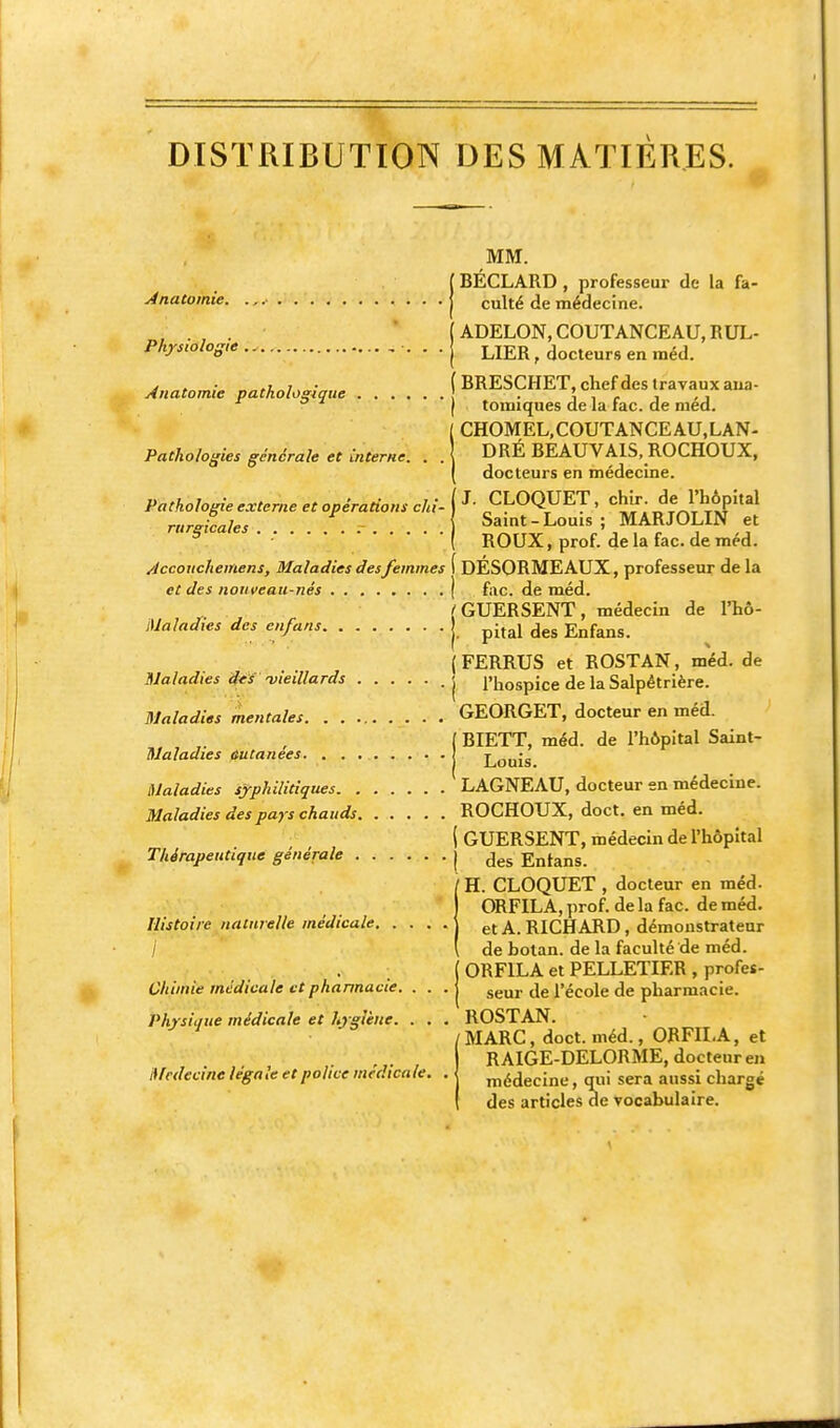 DISTRIBUTION DES MATIÈRES. Ânatoinie. Physiologie ,^ Anatomie pathologique Pathologies générale et interne. . . Pathologie externe et opérations chi- rurgicales r Accouchemens, Maladies des femmes et des nouveau-nés Maladies des enfans Maladies vieillards Maladies mentales, . . Maladies autanées. . . Maladies syphilitiques. . Maladies des pays chauds. Thérapeutique générale Histoire naturelle médicale. . . . I Chimie médicale et pharmacie. . . Physique médicale et hygiène. . . Médecine léga le et police médica le. MM. BECLARD, professeur de la fa- culté de médecine. ADELON, COUTANCEAU, RUL- LIER, docteurs en méd. BRESCHET, chef des travaux aua- tomiques de la fac. de méd. CHOMEL, COUTANCEAU, LAN- DRÉ BEAUVAIS, ROCHOUX, docteurs en médecine. J. CLOQUET, chir. de l'hôpital Saint-Louis; MARJOLIN et ROUX, prof, de la fac. de méd. DÉSORMEAUX, professeur de la fac. de méd. GUERSENT, médecin de l'hô- pital des Enfans. FERRUS et ROSTAN, méd. de l'hospice de la Salpêtrière. GEORGET, docteur en méd. BIETT, méd. de l'hôpital Saint- Louis. LAGNEAU, docteur en médecine. ROCHOUX, doct. en méd. GUERSENT, médecin de l'hôpital des Entans. H. CLOQUET , docteur en méd. ORFILA, prof, de la fac. de méd. et A. RICHARD, démonstrateur de bolan. de la faculté de méd. ORFILA et PELLETIER , profes- seur de l'école de pharmacie. ROSTAN. MARC, doct. méd., ORFILA, et RAIGE-DELORME, docteur en médecine, qui sera aussi chargé des articles de vocabulaire.