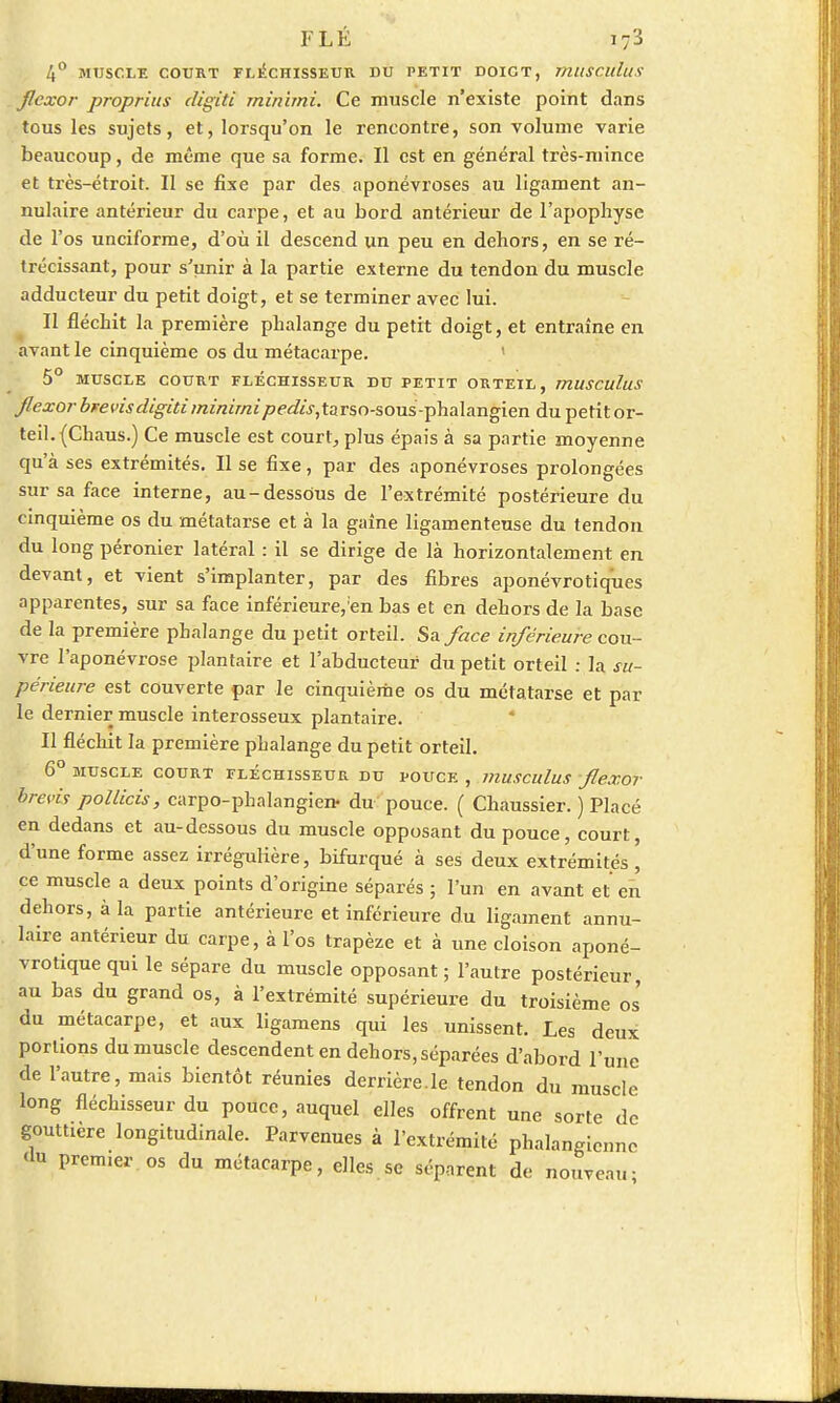 4° MUSCLE COURT FLECHISSEUR DU PETIT DOIGT, mUSCullIS Jlexor proprius cligiti rninimi. Ce muscle n'existe point dans tous les sujets, et, lorsqu'on le rencontre, son volume varie beaucoup, de même que sa forme. Il est en général très-mince et très-étroit. Il se fixe par des aponévroses au ligament an- nulaire antérieur du carpe, et au bord antérieur de l'apophyse de l'os unciforme, d'où il descend un peu en dehors, en se ré- trécissant, pour s'unir à la partie externe du tendon du muscle adducteur du petit doigt, et se terminer avec lui. Il fléchit la première phalange du petit doigt, et entraîne en avant le cinquième os du métacarpe. 5° MUSCLE COURT FLÉCHISSEUR DU PETIT ORTEIL, TJlUSCuluS Jlexor brevisdigitirninimipedis, tarso-sous -phalangien du pefit or- teil. (Chaus.) Ce muscle est court, plus épais à sa partie moyenne qu'à ses extrémités. Il se fixe, par des aponévroses prolongées sur sa face interne, au-dessous de l'extrémité postérieure du cinquième os du métatarse et à la gaîne ligamenteuse du tendon du long péronier latéral : il se dirige de là horizontalement en devant, et vient s'implanter, par des fibres àponévrotiques apparentes, sur sa face inférieure,'en bas et en dehors de la base de la première phalange du petit orteil. Sa face inférieure cou- vre l'aponévrose plantaire et l'abducteur du petit orteil : la su- périeure est couverte par le cinquième os du métatarse et par le dernier muscle interosseux plantaire. Il fléchit la première phalange du petit orteil. 6° MUSCLE COURT FLECHISSEUR DU POUCE , muSCUluS fleXOT brevis pollicis, carpo-phalangie» du pouce. ( Chaussier. ) Placé en dedans et au-dessous du muscle opposant du pouce, court, d'une forme assez irrégulière, bifurqué à ses deux extrémités, ce muscle a deux points d'origine séparés ; l'un en avant et en dehors, à la partie antérieure et inférieure du ligament annu- laire antérieur du carpe, à l'os trapèze et à une cloison aponé- vrotiquequi le sépare du muscle opposant; l'autre postérieur, au bas du grand os, à l'extrémité supérieure du troisième os du métacarpe, et aux ligamens qui les unissent. Les deux portions du muscle descendent en dehors, séparées d'abord l'une de l'autre, mais bientôt réunies derrière.le tendon du muscle long fléchisseur du pouce, auquel elles offrent une sorte de gouttière longitudinale. Parvenues à l'extrémité phalangiennc 'lu premier, os du métacarpe, elles se séparent de nouveau-