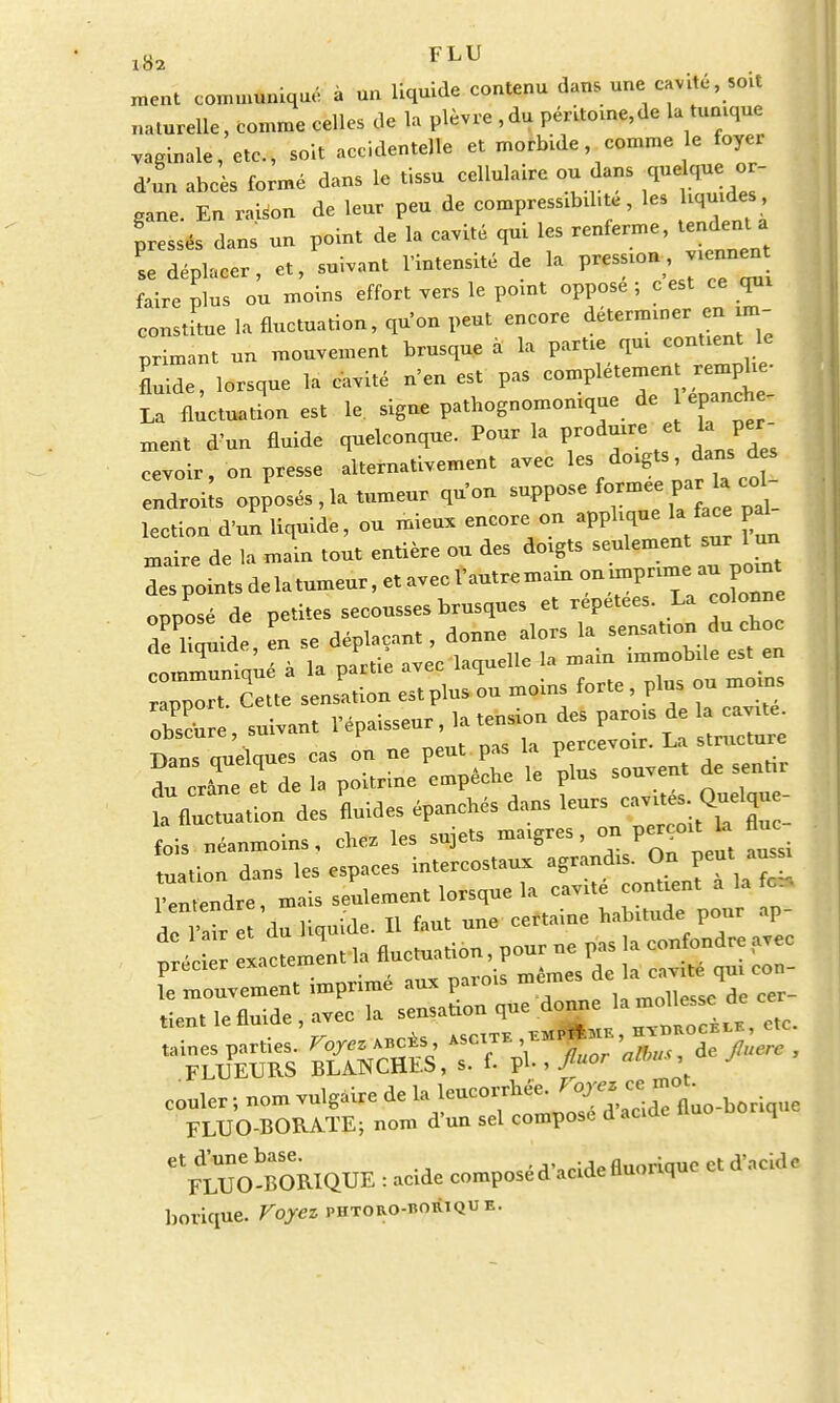 102 *LU ment communique à un liquide contenu dans une cavité, soit naturelle, comme celles de la plèvre ,du péritoine, de la tunique vaginale, etc., soit accidentelle et morbide comme le foyer d'un abcès formé dans le tissu cellulaire ou dans ^que^or- gane. En raison de leur peu de compressible, les liquide», pressés dans un point de la cavité qui les renferme, tendit a se déplacer, et, suivant l'intensité de la pressé viennent faire plus ou moins effort vers le point oppose ; c est ce qui constitue la fluctuation, qu'on peut encore déterminer- en^im- primant un mouvement brusque a la partie qui contient le fluide, lorsque la cavité n'en est pas complètement remplie- La fluctuation est le signe pathognomonique de epancb - ment dun fluide quelconque. Pour la produire et la per cevoir, on presse alternativement avec les doxgts dans des endroits opposés , la tumeur qu'on suppose formée par a col lection d'un liquide, ou mieux encore on applique la fac pal maire de la ma n tout entière ou des doigts seulement sur 1 un opposé de petites secousses brusques et répétées. La colonne ^e liquide, en se déplaçant, donne alors la sensation du choc commTiqué à la partie avec laquelle la main immobile est en rPort Cette sensation est plus ou moins forte, plus ou moins ^^^^^^^^ ^flucTuation des fluides épanebés dans leurs -^<M£ fois néanmoins, chez les sujets maigres, on perçoit la fluc tuation dans les espaces intercostaux agrandis. On peut aus l en endre, mais seulement lorsque la cavité contient a la fe* dcTX du liquide. H faut une certaine habitude pour aP- ^^^^^^^ couler ; nom vulgaire de la leucorrhée. ^.^^^ FLUO-BORATE; nom d'un sel compose d acide lluo q eVtuoÏo\lQUE:acidecomposéd'acidefluoriquectd'acide borique. Voyez phtoro-borique.
