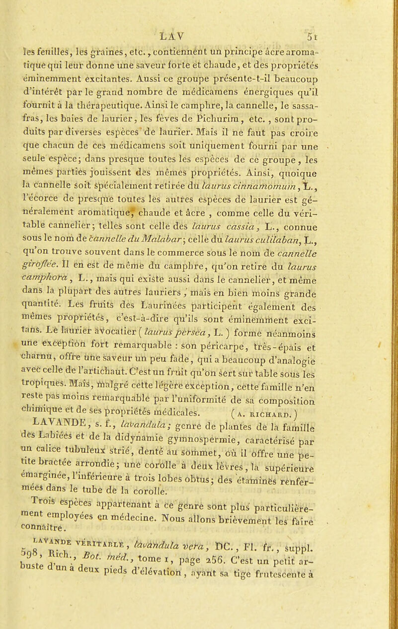LAV 5t les feuilles, les graines, etc. r contiennent un principe àcrearoma- tique qui leur donne une saveur forte et chaude, et des propriétés éminemment excitantes. Aussi ce groupe présente-t-il beaucoup d'intérêt par le grand nombre de médicamens énergiques qu'il fournit à la thérapeutique. Ainsi le camphre, la cannelle, le sassa- fras, les baies de laurier, les fèves de Pichurira, etc. , sont pro- duits par diverses espèces de laurier. Mais il ne faut pas croire que chacun de ces médicamens soit uniquement fourni par une seule espèce; dans presque toutes les espèces de ce groupe, les mêmes parties jouissent des mêmes propriétés. Ainsi, quoique la cannelle soit spécialement retirée du laurus cinnamomum, L., l'écorce de presque toutes les autres espèces de laurier est gé- néralement aromatique, chaude et acre , comme celle du véri- table cannelier; telles sont celle des laurus cassia, L., connue sous le nom de cannelle du Malabar; celle du laurus cuUlaban, L., qu'on trouve souvent dans le commerce sous le nom de cannelle giroflée. Il en est de même du camphre, qu'on retire du laurus camphora , L., mais qui existe aussi dans le cannelier, et même dans la plupart des autres lauriers mais en bien moins grande quantité. Les fruits des Laurinées participent également des mêmes propriétés, c'est-à-dire qu'ils sont éminemment exci- tans. Le laurier hvocalier ( lauruspersea,L. ) forme néanmoins une exception fort remarquable : son péricarpe, très-épais et charnu, offre une saveur un peu fade, qui a beaucoup d'analogie avec celle de l'artichaut. C'est un fruit qu'on sert sur table sous les tropiques. Mais, malgré cette légère exception, cette famille n'en reste pas moins remarquable par l'uniformité de sa composition chimique et de ses propriétés médicales. ( a. richard. ) LAVANDE, s. L, lavandula; genre de plantes de la famille des Labiées et de la didynamie gymnospermie, caractérisé par un calice tubuleux strié, denté au sommet, où il offre une pe- tite bractée arrondie; une corolle à deux lèvres,la supérieure emarginee, l'inférieure à trois lobes obtus; des étaminès renfer- mées dans le tube de la corolle. Trois espèces appartenant à ce genrè sont plus particulière- ment employées en médecine. Nous allons brièvement les faire connaître. LAVANDEVHRlTAIÎLfi) lavandula vera, T)C., Fl. fr., suppl. buste v 'f0t- MécL> t0me *> W a56- ^st un petit ar- d un a deux pieds d'élévation , ayant sa tige frutescente à