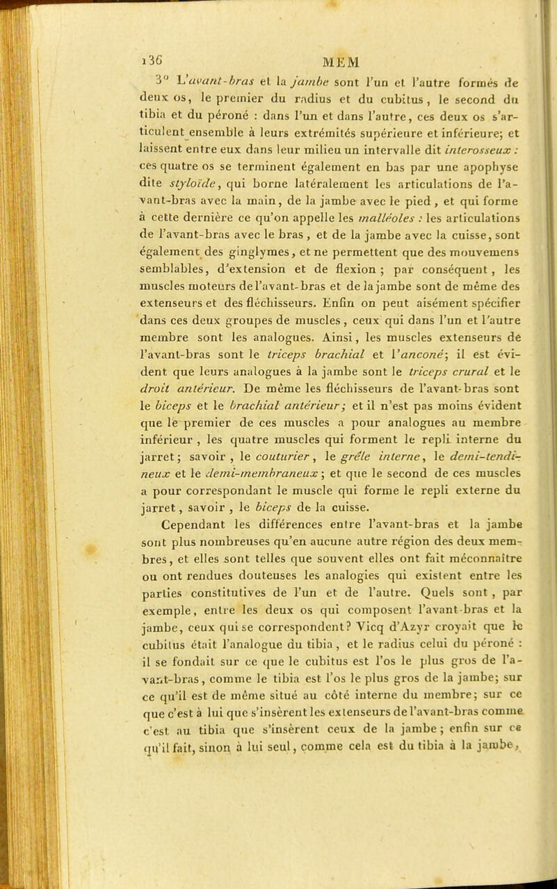 3° Uâvant-bras et lu jambe sont l'un et l'autre formés de deux os, le premier du radius et du cubitus, le second du tibia et du péroné : dans l'un et dans l'autre, ces deux os s'ar- ticulent ensemble à leurs extrémités supérieure et inférieure; et laissent entre eux dans leur milieu un intervalle dit interosseux : ces quatre os se terminent également en bas par une apophyse dite stjloïde, qui borne latéralement les articulations de l'a- vant-bras avec la main, de la jambe avec le pied, et qui forme à cette dernière ce qu'on appelle les malléoles : les articulations de l'avant-bras avec le bras , et de la jambe avec la cuisse, sont également des ginglymes, et ne permettent que des mouveinens semblables, d'extension et de flexion; par conséquent, les muscles moteurs de l'avant-bras et de la jambe sont de même des extenseurs et des fléchisseurs. Enfin on peut aisément spécifier dans ces deux groupes de muscles, ceux qui dans l'un et l'autre membre sont les analogues. Ainsi, les muscles extenseurs de l'avant-bras sont le triceps brachial et ï'anconé; il est évi- dent que leurs analogues à la jambe sont le triceps crural et le droit antérieur. De même les fléchisseurs de l'avant-bras sont le biceps et le brachial antérieur ; et il n'est pas moins évident que le premier de ces muscles a pour analogues au membre inférieur , les quatre muscles qui forment le repli interne du jarret; savoir, le couturier, le grêle interne, le demi-tendi- neux et le demi-membraneux ; et que le second de ces muscles a pour correspondant le muscle qui forme le repli externe du jarret, savoir , le biceps de la cuisse. Cependant les différences entre l'avant-bras et la jambe sont plus nombreuses qu'en aucune autre région des deux mem- bres , et elles sont telles que souvent elles ont fait méconnaître ou ont rendues douteuses les analogies qui existent entre les parties constitutives de l'un et de l'autre. Quels sont , par exemple, entre les deux os qui composent l'avant-bras et la jambe, ceux qui se correspondent? Vicq d'Azyr croyait que k cubitus était l'analogue du tibia, et le radius celui du péroné : il se fondait sur ce que le cubitus est l'os le plus gros de l'a- vant-bras, comme le tibia est l'os le plus gros de la jambe; sur ce qu'il est de même situé au côté interne du membre; sur ce que c'est à lui que s'insèrent les extenseurs de l'avant-bras comme c'est au tibia que s'insèrent ceux de la jambe ; enfin sur ce qu'il fait, sinon à lui seul, comme cela est du tibia à la jambe,