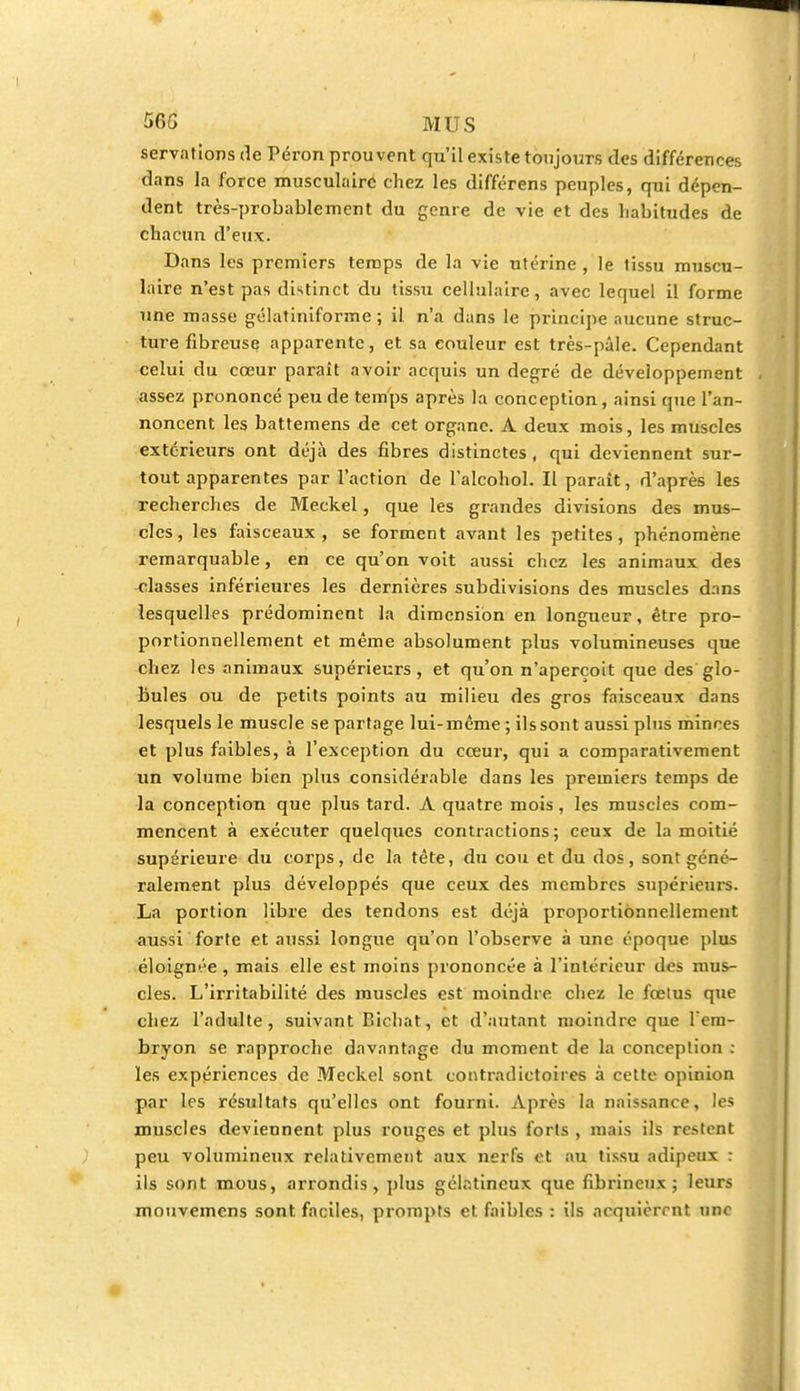 servations de Péron prouvent qu'il existe toujours des différences dans la force musculaire chez les différens peuples, qui dépen- dent très-probablement du genre de vie et des habitudes de chacun d'eux. Dans les premiers temps de la vie utérine , le tissu muscu- laire n'est pas distinct du tissu cellulaire, avec lequel il forme une masse gélatiniforme ; il n'a dans le principe aucune struc- ture fibreuse apparente, et sa couleur est très-pâle. Cependant celui du cœur paraît avoir acquis un degré de développement assez prononcé peu de temps après la conception, ainsi que l'an- noncent les battemens de cet organe. A deux mois, les muscles extérieurs ont déjà des fibres distinctes, qui deviennent sur- tout apparentes par l'action de l'alcohol. Il paraît, d'après les recherches de Meckel, que les grandes divisions des mus- cles, les faisceaux, se forment avant les petites, phénomène remarquable, en ce qu'on voit aussi chez les animaux des classes inférieures les dernières subdivisions des muscles dans lesquelles prédominent la dimension en longueur, être pro- portionnellement et même absolument plus volumineuses que chez les animaux supérieurs, et qu'on n'aperçoit que des glo- bules ou de petits points au milieu des gros faisceaux dans lesquels le muscle se partage lui-même ; ils sont aussi plus minces et plus faibles, à l'exception du cœur, qui a comparativement un volume bien plus considérable dans les premiers temps de la conception que plus tard. A quatre mois, les muscles com- mencent à exécuter quelques contractions; ceux de la moitié supérieure du corps, de la tête, du cou et du dos, sont géné- ralement plus développés que ceux des membres supérieurs. La portion libre des tendons est déjà proportionnellement aussi forte et aussi longue qu'on l'observe à une époque plus éloignée , mais elle est moins prononcée à l'intérieur des mus- cles. L'irritabilité des muscles est moindre chez le fœlus que chez l'adulte, suivant Bichat, et d'autant moindre que l'em- bryon se rapproche davantage du moment de la conception : les expériences de Meckel sont contradictoires à cette opinion par les résultats qu'elles ont fourni. Après la naissance, les muscles deviennent plus rouges et plus forts , mais ils restent peu volumineux relativement aux nerfs et au tissu adipeux : ils sont mous, arrondis, plus gélatineux que fibrinenx ; leurs mouvemens sont faciles, prompts et faibles : ils acquièrent une