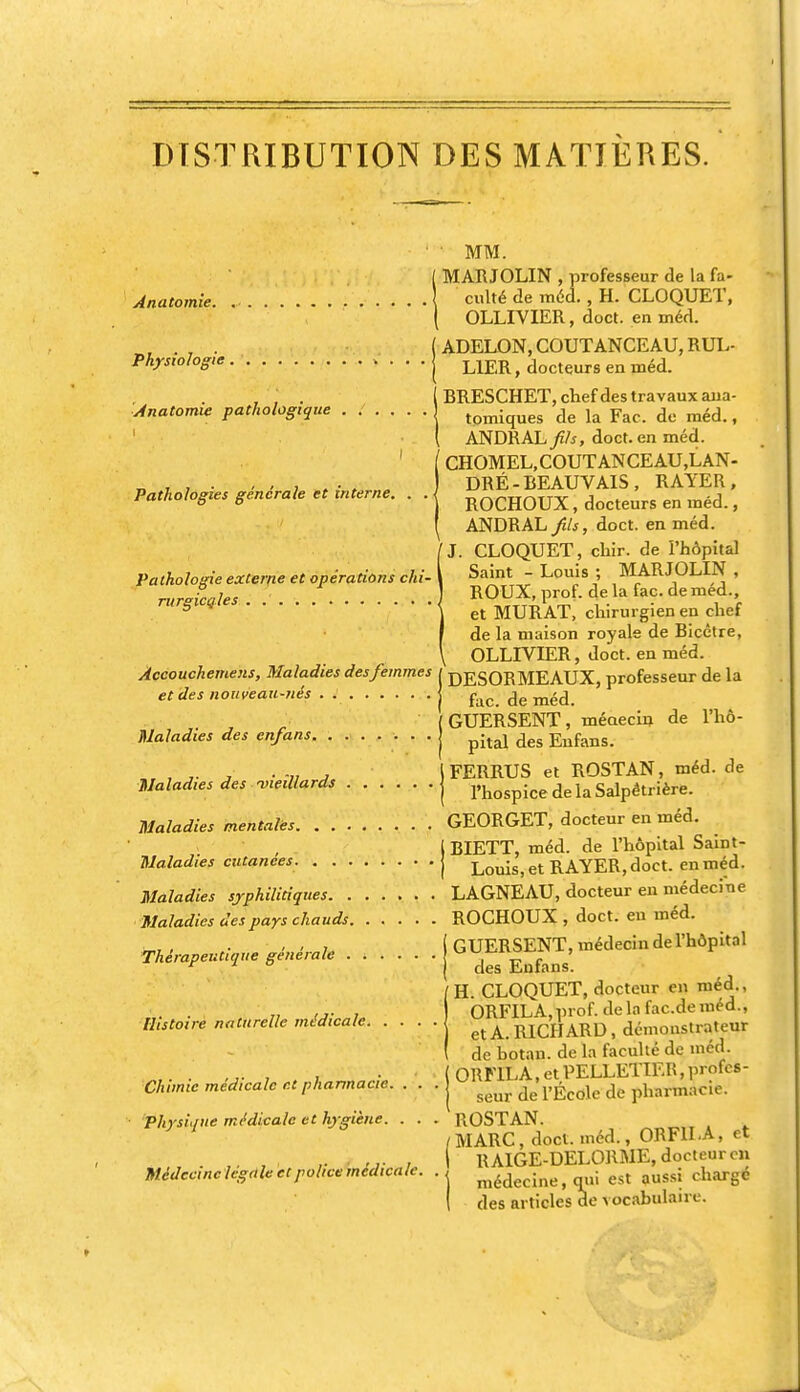 DISTRIBUTION DES MATIERES. Anatomie. Physiologie Anatomie pathologique Pathologie: générale et interne. Pathologie externe et opérations chi- rurgicales . .' Àccouchemens, Maladies des femmes et des nouveau-nés Maladies des en/ans. . Maladies des -vieillards Maladies mentales. . . Maladies cutanées. Maladies syphilitiques. . Maladies des pays chauds. Thérapeutique générale . Histoire naturelle médicale. Chimie médicale et pharmacie. . . Physique médicale et hygiène. . . Médecine légale et police médicale. ■ MM. MAIUOLIN , professeur de la fa- culté de méd., H. CLOQUET, OLLIVIER, doct. en méd. ADELON, CÛUTANCEAU, RUL- L1ER, docteurs en méd. BRESCHET, chef des travaux aiia- tomiques de la Fac. de méd., ANDRAL//*, doct. en méd. CHOMEL,COUTANCEAU,LAN- DRÉ-BEAUVAIS , RAYER, ROCHOUX, docteurs en méd., ANDRAL fils, doct. en méd. CLOQUET, chir. de l'hôpital Saint - Louis ; MARJOLIN , ROUX, prof, de la fac. de méd., et MURAT, chirurgien en chef de la maison royale de Bicètre, OLLIVIER, doct. en méd. DESORMEAUX, professeur de la fac. de méd. GUERSENT, méaecin de l'hô- pital des Enfans. FERRUS et ROSTAN, méd. de l'hospice de la Salpêtrière. GEORGET, docteur en méd. BIETT, méd. de l'hôpital Saint- Louis, et RAYER, doct. en méd. LAGNEAU, docteur en médecine ROCHOUX , doct. en méd. ! GUERSENT, médecin de l'hôpital des Enfans. H. CLOQUET, docteur en méd., ORFILA.prof. de la fac.de méd., et A. RICHARD, démonstrateur de botan. de la faculté de méd. ORF1LA, et PELLETIER, profes- seur de l'École de pharmacie. ROSTAN. „ , ¥ I MARC, doct. méd., 0RF1LA, et I R AIGE-DELORME, docteur en médecine, qui est aussi charge des articles de vocabulaire.