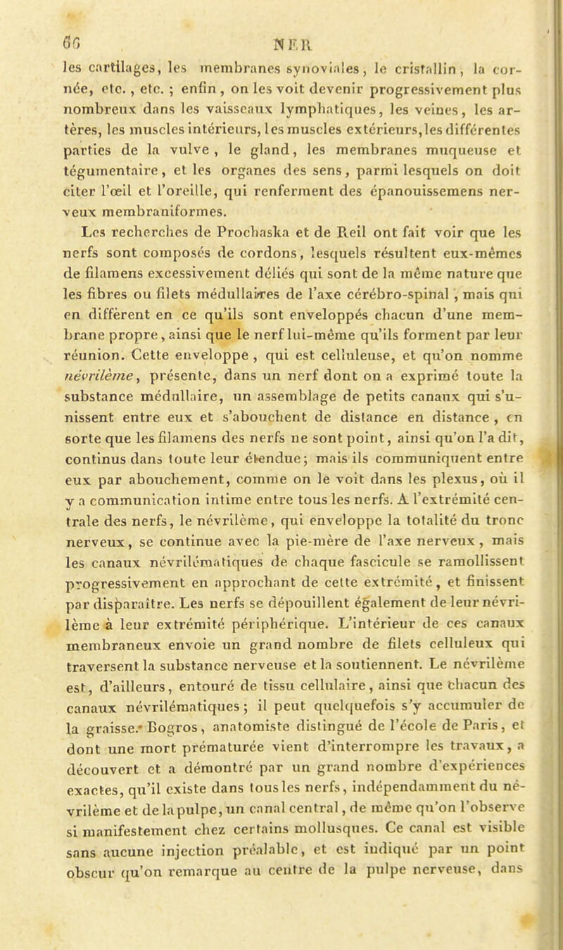 Jes cartilages, les membranes synoviales, le cristallin, la cor- née, etc., etc. ; enfin , on les voit devenir progressivement plus nombreux dans les vaisseaux lymphatiques, les veines, les ar- tères, les muscles intérieurs, les muscles extérieurs,les différentes parties de la vulve, le gland, les membranes muqueuse et tégumentaire, et les organes des sens, parmi lesquels on doit citer l'œil et l'oreille, qui renferment des épanouissemens ner- veux membraniformes. Les recherches de Prochaska et de Reil ont fait voir que les nerfs sont composés de cordons, lesquels résultent eux-mêmes de filamens excessivement déliés qui sont de la même nature que les fibres ou filets médullaires de l'axe cérébro-spinal , mais qui en diffèrent en ce qu'ils sont enveloppés chacun d'une mem- brane propre, ainsi que le nerf lui-même qu'ils forment par leur réunion. Cette enveloppe , qui est celluleuse, et qu'on nomme névrilèrne, présente, dans un nerf dont on a exprimé toute la substance médullaire, un assemblage de petits canaux qui s'u- nissent entre eux et s'abouchent de dislance en distance , en sorte que les filamens des nerfs ne sont point, ainsi qu'on l'a dit, continus dans toute leur étendue; mais ils coramuniqtient entre eux par abouchement, comme on le volt dans les plexus, où il y a communication intime entre tous les nerfs. A l'extrémité cen- trale des nerfs, le névrilème, qui enveloppe la totalité du tronc nerveux, se continue avec la pie-mère de l'axe nerveux, mais les canaux névrilématiques de chaque fascicule se ramollissent progressivement en approchant de cette extrémité, et finissent par disjjaraître. Les nerfs se dépouillent également de leur névri- lème à leur extrémité périphérique. L'intérieur de ces canaux membraneux envoie un grand nombre de filets celluleux qui traversent la substance nerveuse et la soutiennent. Le névrilème est, d'ailleurs, entouré de tissu cellulaire, ainsi que chacun des canaux névrilématiques ; il peut quelquefois s'y accumuler de la ^rîiisse.-Boc;ros, anatomiste distingué de l'école de Paris, et dont une mort prématurée vient d'interrompre les travaux, a découvert et a démontré par un grand nombre d'expériences exactes, qu'il existe dans tous les nerfs, indépendamment du né- vrilème et de la pulpe, un canal central, de même qu'on l'observe si manifestement chez certains mollusques. Ce canal est visible sans aucune injection préalable, et est indiqué par un point obscur qu'on remarque au centre de la pulpe nerveuse, dans