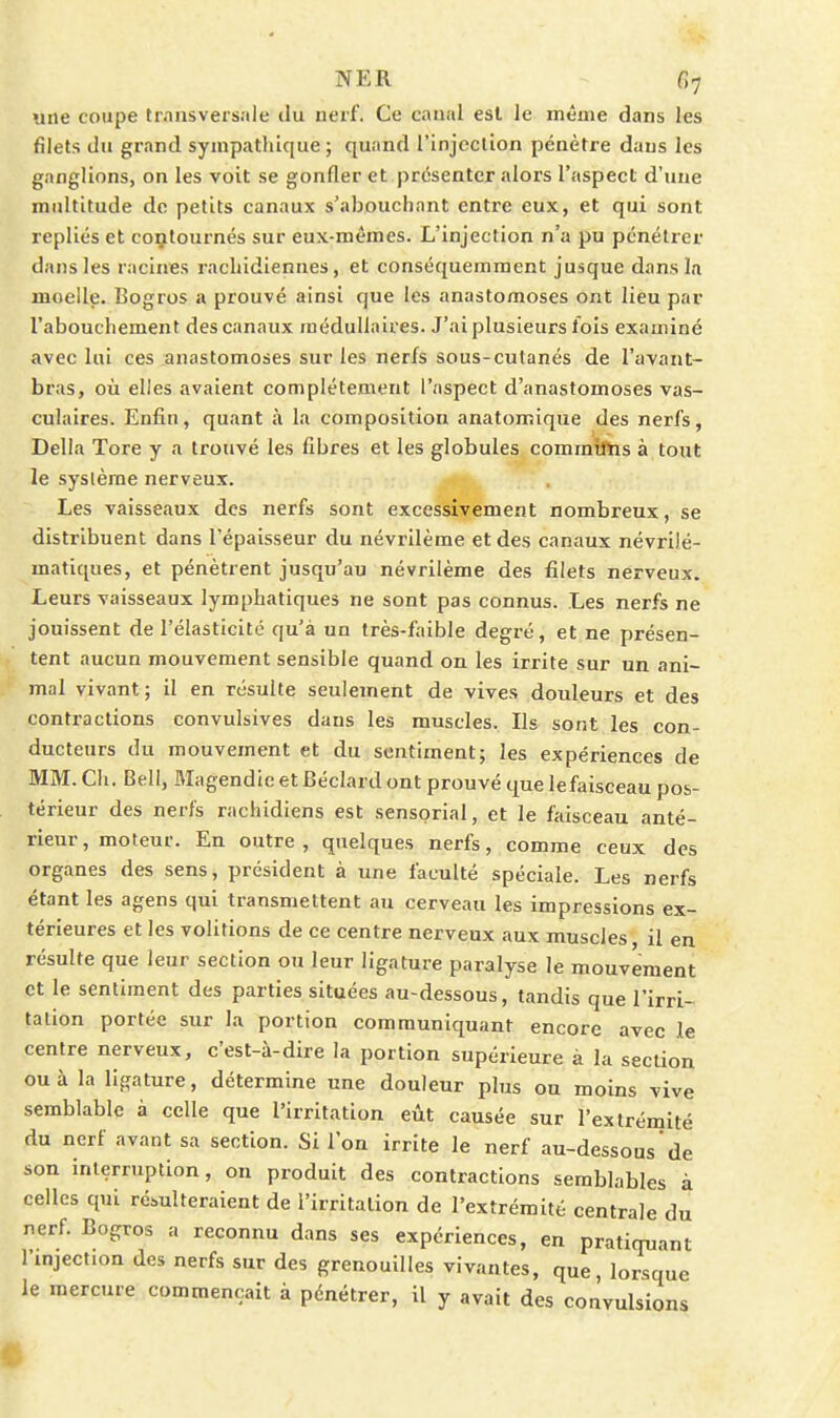 une coupe transversale du nerf. Ce canal est le même dans les filets du grand sympathique ; quand rinjeclion pénètre dans les ganglions, on les voit se gonfler et présenter alors l'aspect d'une multitude de petits canaux s'abouchant entre eux, et qui sont repliés et coçtournés sur eux-mêmes. L'injection n'a pu pénétrer dans les racines racbidiennes, et conséquemment jusque dans la moelle. Bogros a prouvé ainsi que les anastomoses ont lieu par l'abouchement des canaux médullaires. J'ai plusieurs fois examiné avec lui ces anastomoses sur les nerfs sous-cutanés de l'avant- bras, où elles avaient complètement l'aspect d'anastomoses vas- culaires. Enfin, quant à la composition anatomique des nerfs. Délia Tore y a trouvé les fibres et les globules commîftis à tout le système nerveux. Les vaisseaux des nerfs sont excessivement nombreux, se distribuent dans l'épaisseur du névrilème et des canaux névrilé- matiques, et pénètrent jusqu'au névrilème des filets nerveux. Leurs vaisseaux lymphatiques ne sont pas connus. Les nerfs ne jouissent de l'élasticité qu'à un très-faible degré, et ne présen- tent aucun mouvement sensible quand on les irrite sur un ani- mal vivant; il en résulte seulement de vives douleurs et des contractions convulsives dans les muscles. Ils sont les con- ducteurs du mouvement et du sentiment; les expériences de MM. Ch. Bell, Magendie et Béclard ont prouvé que lefaisceau pos- térieur des nerfs rachidiens est sensoriai, et le faisceau anté- rieur, moteur. En outre, quelques nerfs, comme ceux des organes des sens, président à une faculté spéciale. Les nerfs étant les agens qui transmettent au cerveau les impressions ex- térieures et les volitions de ce centre nerveux aux muscles, il en résulte que leur section ou leur ligature paralyse le mouvement et le sentiment des parties situées au-dessous, tandis que l'irri- tation portée sur la portion communiquant encore avec le centre nerveux, c'est-à-dire la portion supérieure à la section ou à la ligature, détermine une douleur plus ou moins vive semblable à celle que l'irritation eût causée sur l'extrémité du nerf avant sa section. Si l'on irrite le nerf au-dessous de son interruption, on produit des contractions semblables à celles qui résulteraient de l'irritation de l'extrémité centrale du nerf. Bogros a reconnu dans ses expériences, en pratiquant 1 injection des nerfs sur des grenouilles vivantes, que, lorsque le mercure commençait à pénétrer, il y avait des convulsions