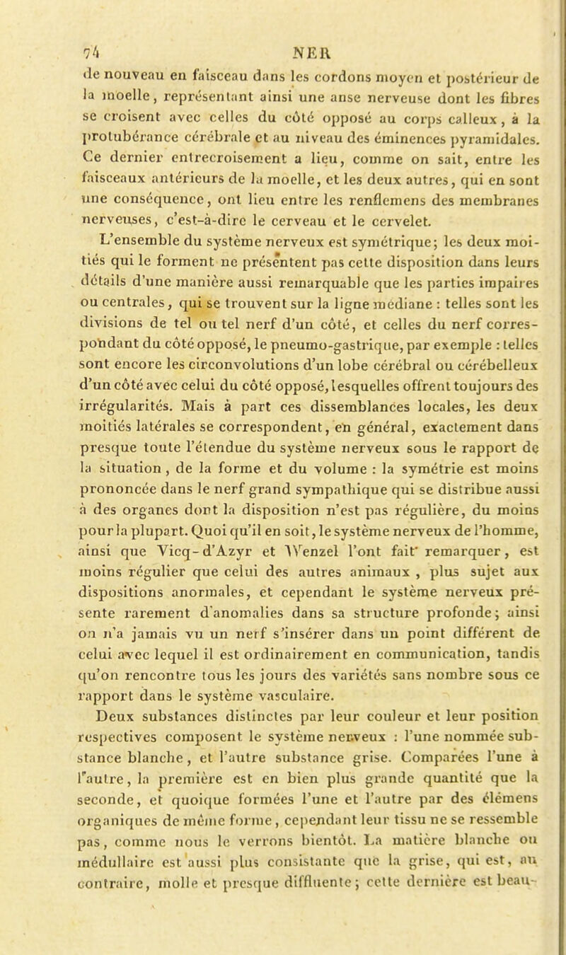 de nouveau en faisceau dans les cordons moyen et postérieur de la moelle, représentant ainsi une anse nerveuse dont les fibres se croisent avec celles du côté opposé au corps calleux, à la lirolubérance cérébrale et au niveau des éminences j)yraniidales. Ce dernier enlrecroisereent a lieu, comme on sait, entre les faisceaux antérieurs de la moelle, et les deux autres, qui en sont une conséquence, ont lieu entre les renflemens des membranes nerveuses, c'est-à-dire le cerveau et le cervelet. L'ensemble du système nerveux est symétrique; les deux moi- tiés qui le forment ne présentent pas cette disposition dans leurs détails d'une manière aussi remarquable que les parties impaires ou centrales, qui se trouvent sur la ligne médiane : telles sont les divisions de tel ou tel nerf d'un côté, et celles du nerf corres- potadant du côté opposé, le pneumo-gastriqiie, par exemple : telles sont encore les circonvolutions d'un lobe cérébral ou cérébelleux d'un côté avec celui du côté opposé, lesquelles offrent toujours des irrégularités. Mais à part ces dissemblances locales, les deux moitiés latérales se correspondent, eïi général, exactement dans presque toute l'étendue du système nerveux sous le rapport de la situation , de la forme et du volume : la symétrie est moins prononcée dans le nerf grand sympathique qui se distribue aussi à des organes dont la disposition n'est pas régulière, du moins pour la plupart. Quoi qu'il en soit, le système nerveux de l'homme, ainsi que Vicq-d'Azyr et AVenzel l'ont fait'remarquer, est moins régulier que celui des autres animaux , plus sujet aux dispositions anormales, et cependant le système nerveux pré- sente rarement d'anomalies dans sa structure profonde ; ainsi on n'a jamais vu un nerf s'insérer dans un point différent de celui a'vcc lequel il est ordinairement en communication, tandis qu'on rencontre tous les jours des variétés sans nombre sous ce rapport dans le système vasculaire. Deux substances distinctes par leur couleur et leur position respectives composent le système nenveux : l'une nommée sub- stance blanche, et l'autre substance grise. Comparées l'une à l'autre, la première est en bien plus grande quantité que la seconde, et quoique formées l'une et l'autre par des élémens organiques de même forme , cependant leur tissu ne se ressemble pas, comme nous le verrons bientôt. La matière blanche ou médullaire est aussi plus consistante que la grise, qui est, nu contraire, molle et presque diffluente; celte dernière est beau-