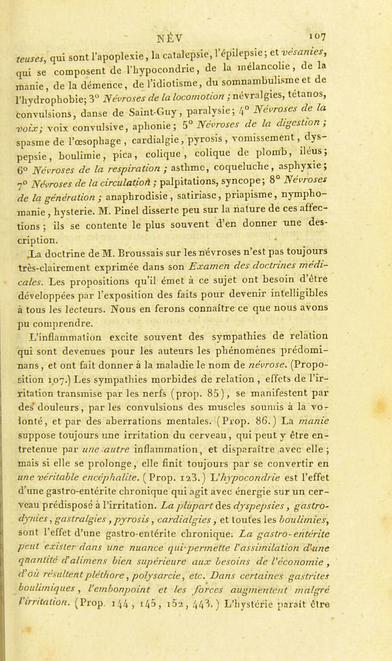 NÉV «7 teuses, qui sont l'apoplexie, la catalepsie, l'épilepsie ; et vésanies, qui se composent de l'hypocondrie, de la mélancolie, de la manie, de la démence, de l'idiotisme, du somnambulisme et de rhydrophobie; 3 Névroses de la locomotion ; névralgies, tétanos, convulsions, danse de Saint-Guy, paralysie; /,° Névroses de la voix; voix, convulsive, aphonie; 5° Névroses de la digestion; spasme de l'œsophage , cardialgie, pyrosis , vomissement, dys- pepsie, boulimie, pica, colique, colique de plomb, iléus; 6° Névroses de la respiration; asthme, coqueluche, asphyxie; 7° Névroses de la circulation ; palpitations, syncope; 8° Névroses de la génération ; anaphrodisie, satiriasc, priapisme, nympho- manie , hystérie. M. Pinel disserte peu sur la nature de ces affec- tions ; ils se contente le plus souvent d'en donner une des- cription. .La doctrine de M. Broussais sur les névroses n'est pas toujours très-clairement exprimée dans son Examen des doctrines médi- cales. Les propositions qu'il émet à ce sujet ont besoin d'être développées par l'exposition des faits pour devenir intelligibles à tous les lecteurs. Nous en ferons connaître ce que nous avons pu comprendre. L'inflammation excite souvent des sympathies de relation qui sont devenues pour les auteurs les phénomènes prédomi- nans, et ont fait donner à la maladie le nom de névrose. (Propo- sition 1.07.) Les sympathies morbides de relation , effets de l'ir- ritation transmise par les nerfs (prop. 85), se manifestent par des'douleurs, parles convulsions des muscles soumis à la vo- lonté, et par des aberrations mentales. (Prop. 86.) La manie suppose toujours une irritation du cerveau, qui peut y être en- tretenue par une autre inflammation, et disparaître avec elle; mais si elle se prolonge, elle finit toujours par se convertir en une véritable encéphalite. (Prop. laS.) U hypocondrie est l'effet d'une gastro-entérite chronique qui agit avec énergie sur un cer- veau prédisposé à l'irritation. La plupart des dyspepsies, gastro- dynies, gastralgies, pyrosis, cardialgies, et toutes les boulimies, sont l'effet d'une gastro-entérite chronique; La gastro-entérite peut exister dans une nuance qui permette l'assimilation d'une quantité d!alimens bien supérieure aux besoins de l'économie, d'où résultent pléthore, polysarcie, etc. Dans certaines gastrites boulimiques, l'embonpoint et les forces augmentent malgré l'irritation. (Prop. 144, 145, i52, L'hystérie parait être