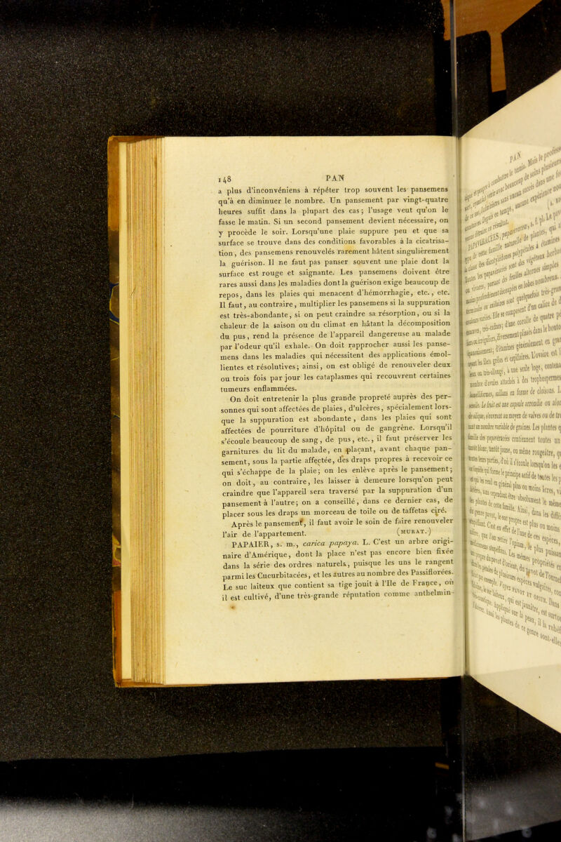 Il : < m Jl^8 PAN a plus d'inconvéniens à répéter trop souvent les pansemens qu'à en diminuer le nombre. Un pansement par vingt-quatre heures suffit dans la plupart des cas ; l'usage veut qu'on le fasse le malin. Si un second pansement devient nécessaire, on y procède le soir. Lorsqu'une plaie suppure peu et que sa surface se trouve dans des conditions favorables à la cicatrisa- tion, des pansemens renouvelés rarement hâtent singulièrement la guérison. Il ne faut pas panser souvent une plaie dont la surface est rouge et saignante. Les pansemens doivent cire rares aussi dans les maladies dont la guérison exige beaucoup de repos, dans les plaies qui menacent d'hémorrhagie, etc., etc. Il faut, au contraire, multiplier les pansemens si la suppuration est très-abondante, si on peut craindre sa résorption, ou si la chaleur de la saison ou du climat en hâtant la décomposition du pus, rend la présence de l'appareil dangereuse au malade par l'odeur qu'il exhale. On doit rapprocher aussi les panse- mens dans les maladies qui nécessitent des applications émol- lientes et résolutives; ainsi, on est obligé de renouveler deux ou trois fois par jour les cataplasmes qui recouvrent certaines tumeurs enflammées. On doit entretenir la plus grande propreté auprès des per- sonnes qui sont affectées de plaies, d'ulcères, spécialement lors- que la suppuration est abondante , dans les plaies qui sont affectées de pourriture d'hôpital ou de gangrène. Lorsqu'il s'écoule beaucoup de sang, de pus, etc., il faut préserver les garnitures du lit du malade, en plaçant, avant chaque pan- sement, sous la partie affectée, des draps propres à recevoir ce qui s'échappe de la plaie; on les enlève après le pansement; on doit, au contraire, les laisser à demeure lorsqu'on peut craindre que l'appareil sera traversé par la suppuration d'un pansement à l'autre; on a conseillé, dans ce dernier cas, de placer sous les draps un morceau de toile ou de taffetas ciré. Après le pansemenf, il faut avoir le soin de faire renouveler l'air de l'appartement. (murât.) PAPAIER, s. m., carica papaya. L. C'est un arbre origi- naire d'Amérique, dont la place n'est pas encore bien fixée dans la série des ordres naturels, puisque les uns le rangent parmi les Cucurbitacées, et les autres au nombre des Passiflorées. Le suc laiteux que contient sa tige jouit à l'Ile de Fraçce, où il est cultivé, d'une très-grande réputation comme anlhelmin- ^1 ^^^^^ |ui*raes,saillaiiseDfoiffle(iecloisi)DJ. L «ssile. I< bài ai m apsflie mdt ou éi kàfi, i'owraiil au moyen de vsives ou de lu m\ m mkt wriéle de graines. Les plantes (| Wie te paparéracées conliccnent toutes iin Wtfac.taLiôtjiane.ouméinerougeàlre, m *l««î*,a^oùih'écoulelorsqu'on les 'trfi,Siiis I fepliDiesdt JWc,;4fJ;es^luson,i,