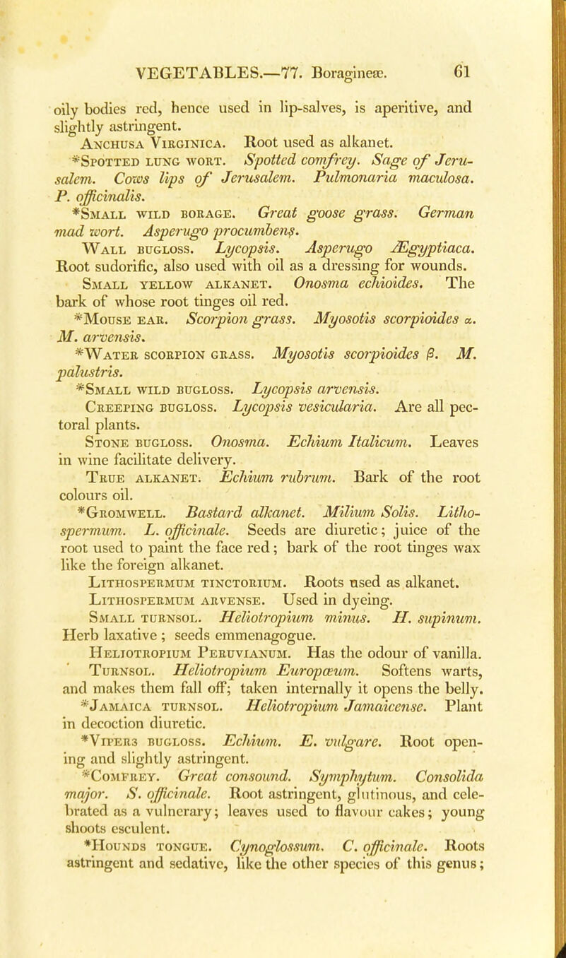 oily bodies red, hence used in lip-salves, is aperitive, and slightly astringent. Anchusa Virginica. Root used as alkanet. *Spotted lung wort. Spotted comfrey. Sage of Jeru- salem. Cows lips of Jerusalem. Pulmonaria maculosa. P. officinalis. *Small wild borage. Great goose grass. German mad wort. Asperugo procumbens. Wall bugloss. Lycopsis. Asperugo JEgyptiaca. Root sudorific, also used with oil as a dressing for wounds. Small yellow alkanet. Onosma echioides. The bark of whose root tinges oil red. * Mouse ear. Scorpion grass. Myosotis scorpioides x. M. arvensis. *Water scorpion grass. Myosotis scorpioides @. M. palustris. *Small wild bugloss. Lycopsis arvensis. Creeping bugloss. Lycopsis vesicularia. Are all pec- toral plants. Stone bugloss. Onosma. Echium Italicum. Leaves in wine facilitate delivery. True alkanet. Echium rubrum. Bark of the root colours oil. *Gromwell. Bastard alkanet. Milium Solis. Litho- spermum. L. officinale. Seeds are diuretic; juice of the root used to paint the face red; bark of the root tinges wax like the foreign alkanet. Lithospermum tinctorium. Roots used as alkanet. Lithospermum arvense. Used in dyeing. Small turnsol. Heliotropium minus. H. supinum. Herb laxative ; seeds emmenagogue. Heliotropium Peruvianum. Has the odour of vanilla. Turnsol. Heliotropium Europasum. Softens warts, and makes them fall off; taken internally it opens the belly. * Jamaica turnsol. Heliotropium Jamaicense. Plant in decoction diui'etic. *Viper3 bugloss. Echium. E. vulgare. Root open- ing and slightly astringent. *Comfrey. Great consound. Symphytum. Consolida major. S. officinale. Root astringent, glutinous, and cele- brated as a vulnerary; leaves used to flavour cakes; young shoots esculent. *Hounds tongue. Cynoglossum. C. officinale. Roots astringent and sedative, like the other species of this genus;