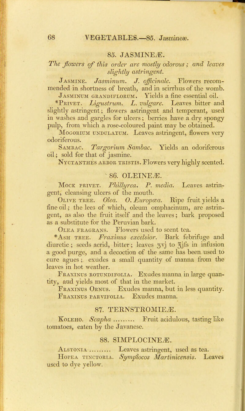 85. JASMINES. The flowers of this order are mostly odorous ; and leaves slightly astringent. Jasmine. Jasminum. J. officinale. Flowers recom- mended in shortness of breath, and in scirrhus of the womb. Jasminum grandiflorum. yields a fine essential oil. *Privet. Ligustrum. L. vulgare. Leaves bitter and slightly astringent; flowers astringent and temperant, used in washes and gargles for ulcers; berries have a dry spongy pulp, from which a rose-coloured paint may be obtained. Mogorium undcxatum. Leaves astringent, flowers very odoriferous. Sambac. Targorium Samhac. Yields an odoriferous oil; sold for that of jasmine. Nyctanthes arbor tristis. Flowers very highly scented. * 86. OLEINE/E. Mock privet. Phillyrea. P. media. Leaves astrin- gent, cleansing ulcers of the mouth. Olive tree. Olea. O. Europoza. Ripe fruit yields a fine oil ,• the lees of which, oleum omphacinum, are astrin- gent, as also the fruit itself and the leaves; bark proposed as a substitute for the Peruvian bark. Olea eragrans. Flowers used to scent tea. *Ash tree. Fraxinus excelsior. Bark febrifuge and diuretic; seeds acrid, bitter; leaves 3yj to 3jfs in infusion a good purge, and a decoction of the same has beeu used to cure agues; exudes a small quantity of manna from the leaves in hot weather. Fraxinus rotundifolia. Exudes manna in large quan- tity, aud yields most of that in the market. Fraxinus Ornus. Exudes manna, but in less quantity. Fraxinus parvifolia. Exudes manna. 87. TERNSTROMIE/E. Koleho. Scapha Fruit acidulous, tasting like tomatoes, eaten by the Javanese. 88. SIMPLOCINEjE. Alstonia Leaves astringent, used as tea. Hopea tinctoria. Symplocos Martinicensis. Leaves used to dye yellow.