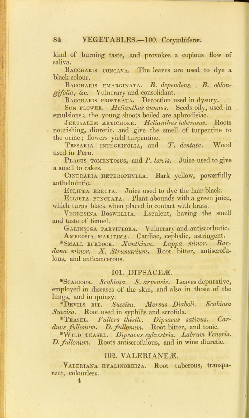 kind of burning taste, and provokes a copious flow of saliva. Bacchaeis concava. The leaves are used to dye a black colour. Bacchaeis emaeginata. B. dependens. B. oblon- gifolia, &c. Vulnerary and consolidant. Bacchaeis peosteata. Decoction used in dysury. Sun flowee. Helianthus annuus. Seeds oily, used in emulsions; the young shoots boiled are aphrodisiac. Jeecsalem aetichoke. Helianthus tuberosus. Roots nourishing, diuretic, and give the smell of turpentine to the urine; flowers yield turpentine. Tessaeia integeifolia, and T. dentata. Wood used in Peru. Placus tomentosus, and P. Icevis. Juice used to give a smell to cakes. Cineeaeia heteeophylla. Bark yellow, powerfully anthelmintic. Eclipta eeecta. Juice used to dye the hair black. Eclipta punctata. Plant abounds with a green juice, which turns black when placed in contact with brass. Veebesina Boswellia. Esculent, having the smell and taste of fennel. Galinsoga paevifloea. Vulnerary and antiscorbutic. Ambeosia maeitima. Cardiac, cephalic, astringent. *Small buedock. Xanihium. Lappa minor. Bar- dana minor. X. Strumarium. Root bitter, antiscrofu- lous, and anticancerous. 101. DIPSACEiE. *Scabious. Scabiosa. S. arvensis. Leaves depurative, employed in diseases of the skin, and also in those of the lungs, and in quinsy. *Devils bit. Succisa. Morsus Diaboli. Scabiosa Succisa. Root used in syphilis and scrofula. *Teasel. Fullers thistle. Dipsacus sativus. Car- duns fullonum. D.fullomim. Root bitter, and tonic. *Wild teasel. Dipsacus sylvcstris. Labrum Veneris. D.fullonum. Roots antiscrofulous, and in wine diuretic. 102. VALERIANEiE. Valeriana hyaijnoehiza. Root tuberous, transpa- rent, colourless. 4