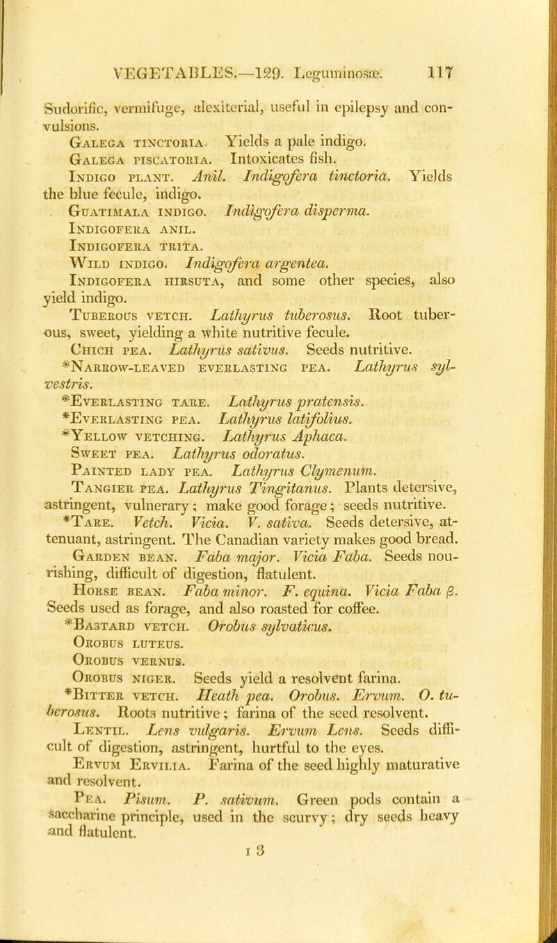 Sudorific, vermifuge, alexiterial, useful in epilepsy and con- vulsions. Galega tinctoria. Yields a pale indigo. Galega piscatoria. Intoxicates fish. Indigo plant. Anil. Indigqfera tinctoria. Yields the blue fecule, indigo. Guatimala indigo. Indigqfera disperma. Indigofeka anil. Indigofera trita. Wild indigo. Indigqfera argentea. Indigofera hirsuta, and some other species, also yield indigo. Tuberous vetch. Lathyrus taberosus. Root tuber- ous, sweet, yielding a white nutritive fecule. Chich pea. Lathyrus sativus. Seeds nutritive. *Narrow-leaved everlasting pea. Lathyrus syl- vestris. *Everlasting tare. Lathyrus pratensis. *Everlasting pea. Lathyrus latifolius, *Yellow vetching. Lathyrus Aphaca. Sweet pea. Lathyrus odoratus. Painted lady pea. Lathyrus Clymenum. Tangier pea. Lathyrus Tingitanus. Plants detersive, astringent, vulnerary ; make good forage; seeds nutritive. *Tare. Vetch. Vicia. V. sativa. Seeds detersive, at- tenuant, astringent. The Canadian variety makes good bread. Garden bean. Faba major. Vicia Faba. Seeds nou- rishing, difficult of digestion, flatulent. Horse bean. Faba minor. F. equina. Vicia Faba p. Seeds used as forage, and also roasted for coffee. *Bastard vetch. Orobus sylvaticus. Orobus luteus. Orobus vernus. Orobus niger. Seeds yield a resolvent farina. *Bitter vetch. Heath pea. Orobus. Ervum,. O. tu- herosus. Roots nutritive; farina of the seed resolvent. Lentil. Lens vulgaris. Ervum Lens. Seeds diffi- cult of digestion, astringent, hurtful to the eyes. Ervum Ervilia. Farina of the seed highly maturative and resolvent. Pea. Pimm. P. sativum. Green pods contain a saccharine principle, used in the scurvy; dry seeds heavy and flatulent.