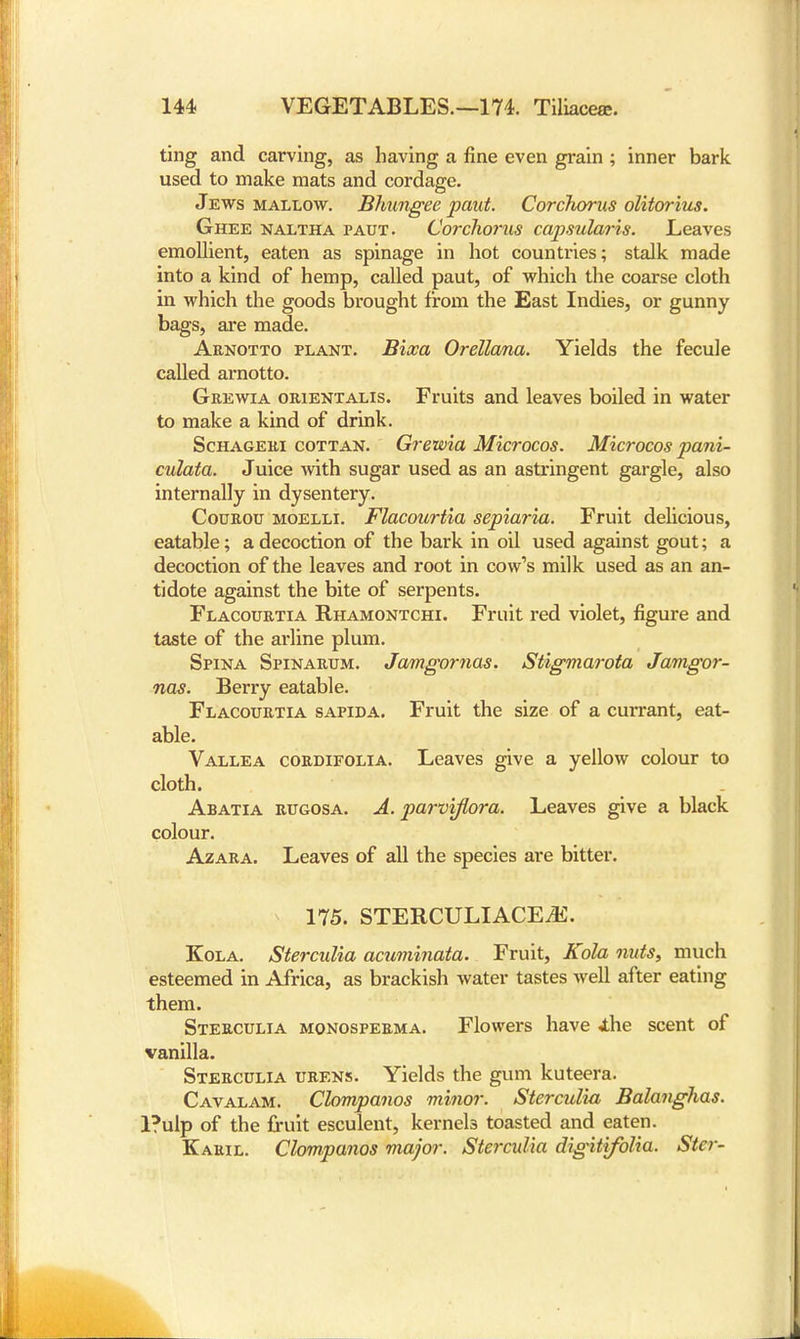ting and carving, as having a fine even grain ; inner bark, used to make mats and cordage. Jews mallow. Bhungee pant. Corchorus olitorius. Ghee naltha paut. Corchorus capsularis. Leaves emollient, eaten as spinage in hot countries; stalk made into a kind of hemp, called paut, of which the coarse cloth in which the goods brought from the East Indies, or gunny bags, are made. Arnotto plant. Bixa Orellana. Yields the fecule called arnotto. Grewia orientalis. Fruits and leaves boiled in water to make a kind of drink. Schageri cottan. Grewia Microcos. Microcos pani- culata. Juice with sugar used as an astringent gargle, also internally in dysentery. Courou moelli. Flacourtia sepiaria. Fruit delicious, eatable; a decoction of the bark in oil used against gout; a decoction of the leaves and root in cow's milk used as an an- tidote against the bite of serpents. Flacourtia Rhamontchi. Fruit red violet, figure and taste of the arline plum. Spina Spinarum. Jamgornas. Stigmarota Jamgor- nas. Berry eatable. Flacourtia sapida. Fruit the size of a cui-rant, eat- able. Vallea cordifolia. Leaves give a yellow colour to cloth. Abatia rugosa. A. parviflora. Leaves give a black colour. Azara. Leaves of all the species are bitter. 175. STERCULIACEiE. Kola. Sterculia acuminata. Fruit, Kola nuts, much esteemed in Africa, as brackish water tastes well after eating them. Sterculia monosperma. Flowers have Jthe scent of vanilla. Sterculia urens. Yields the gum kuteera. Cavalam. Clompanos minor. Sterculia Balanghas. Pulp of the fruit esculent, kernels toasted and eaten. Karil. Clompanos major. Sterculia digitifolia. Stcr-