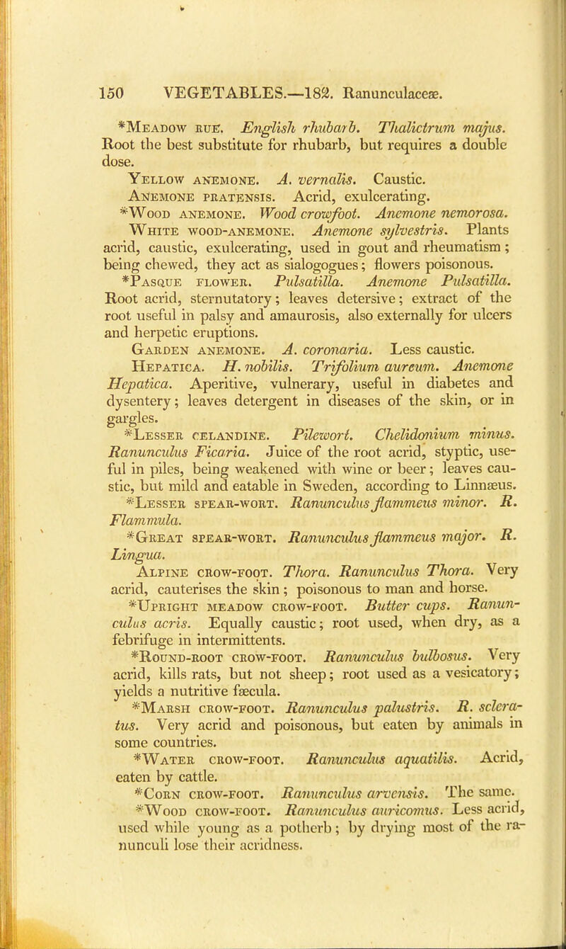 *Meadow rue. English rhubarb. Tlialictrum majus. Root the best substitute for rhubarb, but requires a double dose. Yellow anemone. A. vernalis. Caustic. Anemone pratbnsis. Acrid, exulcerating. *Wood anemone. Wood crowfoot. Anemone nemorosa. White wood-anemone. Anemone sylvestris. Plants acrid, caustic, exulcerating, used in gout and rheumatism; being chewed, they act as sialogogues; flowers poisonous. *Pasque flower. Pulsatilla. Anemone Pulsatilla. Root acrid, sternutatory; leaves detersive; extract of the root useful in palsy and amaurosis, also externally for ulcers and herpetic eruptions. Garden anemone. A. coronaria. Less caustic. Hepatica. H. nobilis. Trifolium aureum. Anemone Hepatica. Aperitive, vulnerary, useful in diabetes and dysentery; leaves detergent in diseases of the skin, or in gargles. *Lesser celandine. PUewort. Chelidonium minus. Ranunculus Ficaria. Juice of the root acrid, styptic, use- ful in piles, being weakened with wine or beer; leaves cau- stic, but mild and eatable in Sweden, according to Linnaeus. * Lesser spear-wort. Ranunculus Jlammeus minor. R. Flammula. *Great spear-wort. Ranunculus Jlammeus major. R. Lingua. Alpine crow-foot. Tlwra. Ranunculus Thora. Very acrid, cauterises the skin ; poisonous to man and horse. *Upright meadow crow-foot. Butter cups. Ranun- culus acris. Equally caustic; root used, when dry, as a febrifuge in intermittents. *Round-root crow-foot. Ranunculus bulbosus. Very acrid, kills rats, but not sheep; root used as a vesicatory; yields a nutritive faecula. *Marsh crow-foot. Ranunculus palustris. R. sclcra- tus. Very acrid and poisonous, but eaten by animals in some countries. *Water crow-foot. Ranunculus aquatilis. Acrid, eaten by cattle. *Corn crow-foot. Ranunculus arvcnsis. The same. *Wood crow-foot. Ranunculus auricomus. Less acrid, used while young as a pothei-b; by drying most of the ra- nunculi lose their acridness.