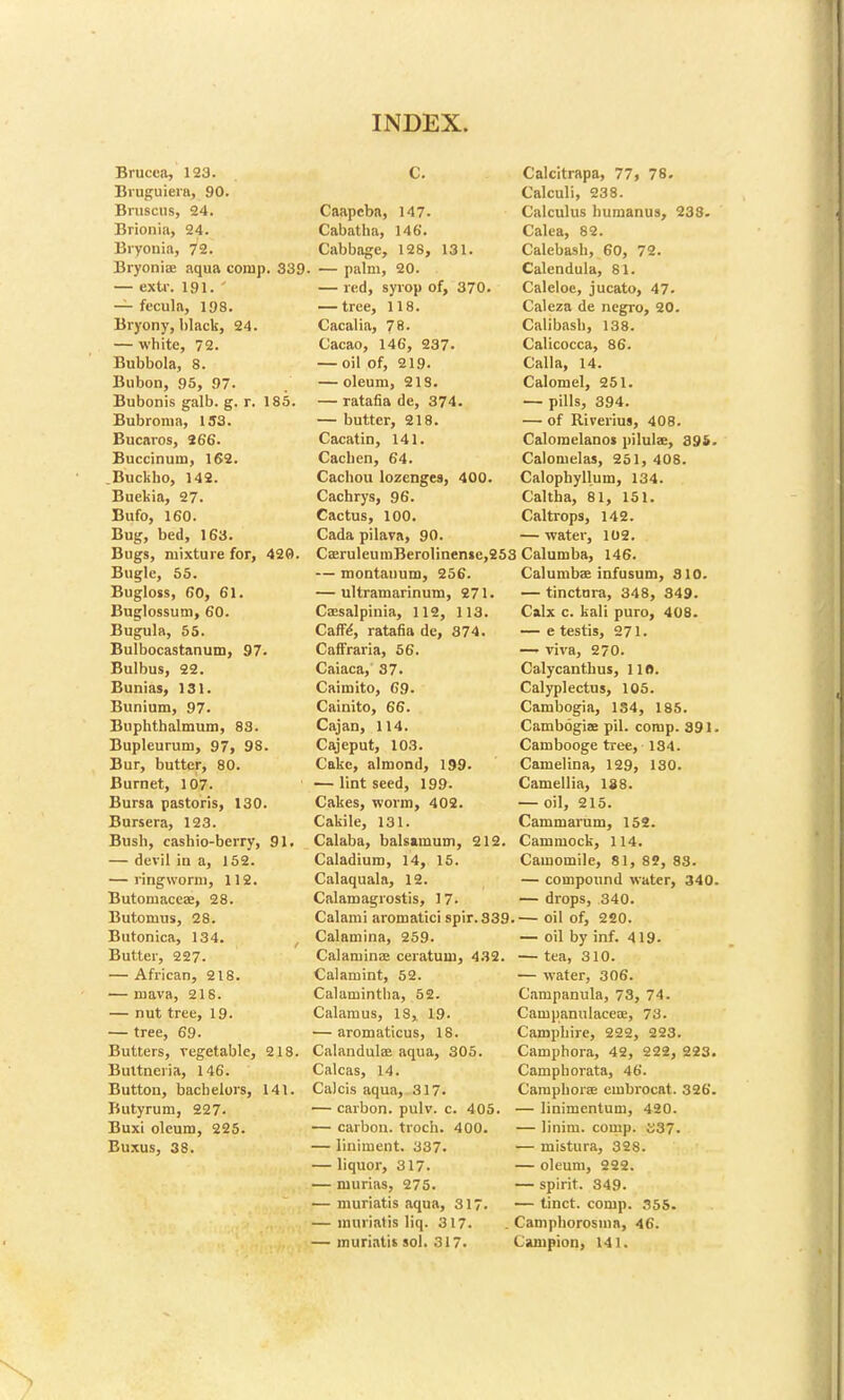 Brucea, 123. Bruguiera, 90. Bruscus, 24. Brionia, 24. Bryonia, 72. Bryonia aqua comp. 339 — extr. 191. ' — fccula, 198. Bryony, black, 24. — white, 72. Bubbola, 8. Bubon, 95, 97. Bubonis galb. g. r. 185. Bubroma, 153. Bucaros, 266. Buccinum, 162. .Buckbo, 142. Buekia, 27. Bufo, 160. Bug, bed, 163. Bugs, mixture for, 420. Bugle, 55. Bugloss, 60, 61. Buglossum, 60. Bugula, 55. Bulbocastanum, 97. Bulbus, 22. Bunias, 131. Bunium, 97. Buphthalmum, 83. Bupleurum, 97, 98. Bur, butter, 80. Burnet, 107. Bursa pastoris, 130. Bursera, 123. Bush, cashio-berry, 91. — devil in a, 152. — ringworm, 112. Butomaceae, 28. Butomus, 28. Butonica, 134. Butter, 227. — African, 218. — mava, 216. — nut tree, 19. — tree, 69. Butters, vegetable, 218. Buttneiia, 146. Button, bachelors, 141. Butyrum, 227- Buxi oleum, 225. Buxus, 38. Caapcba, 147. Cabatha, 146. Cabbage, 128, 131. — palm, 20. — red, syrop of, 370. — tree, 118. Cacalia, 78. Cacao, 146, 237- — oil of, 219. — oleum, 213. — ratafia de, 374. — butter, 218. Cacatin, 141. Cachen, 64. Caelum lozenges, 400. Cachrys, 96. Cactus, 100. Cada pilava, 90. CaeruleumBerolinen»e,253 Calumba, 146. Calcitrapa, 77, 78. Calculi, 238. Calculus humanus, 238. Calca, 82. Calebash, 60, 72. Calendula, 81. Caleloe, jucato, 47- Caleza de negro, 20. Calibash, 138. Calicocca, 86. Call a, 14. Calomel, 251. — pills, 394. — of Riverius, 408. Calomelanos pilulae, 396. Calomelas, 251, 408. Calophyllum, 134. Caltha, 81, 151. Caltrops, 142. — water, 102. — montauum, 256. — ultramarinum, 271. Csesalpinia, 112, 113. Caffe, ratafia de, 374. Caffraria, 56. Caiaca, 37. Caimito, 69. Cainito, 66. Cajan, 114. Cajeput, 103. Cake, almond, 199. — lint seed, 199. Cakes, worm, 402. Cakile, 131. Calaba, balsamum, 212. Caladium, 14, 15. Calaquala, 12. Calamagrostis, 17. Calumbae infusum, 310. — tinctara, 348, 349. Calx c. kali puro, 408. — e testis, 271. —- viva, 270. Calycanthus, 11 ft. Calyplectus, 105. Cambogia, 134, 185. Cambogiae pil. comp. 391. Cambooge tree, 134. Camelina, 129, 130. Camellia, 138. — oil, 215. Cammarum, 152. Cammock, 114. Camomile, 81, 82, 83. — compound water, 340. — drops, 340. Calami aromatici spir.339.— oil of, 220. Calamina, 259. Calaruinae ceratum, 432. Calamint, 52. Calamintha, 52. Calamus, 18, 19. — aromaticus, 18. Calandulae aqua, 305. Calcas, 14. Calcis aqua, 317. — carbon, pulv. c. 405. — carbon, troch. 400. — liniment. 337. — liquor, 317. — niurias, 275. — muriatis aqua, 317. — muriatis liq. 317. — muriatis sol. 317. — oil by inf. 419. — tea, 310. — water, 306. Campanula, 73, 74. Campanulaceae, 73. Camphire, 222, 223. Camphora, 42, 222, 223. Camphorata, 46. Camphorse embrocat. 326. — linimcntum, 420. — linim. comp. o37. — mistura, 328. — oleum, 222. — spirit. 349. — tinct. comp. 355. Camphorosma, 46. Campion, 141.