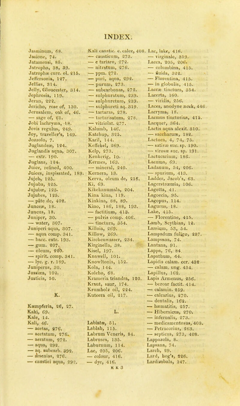 •'nsniimini, 68. Jasionc, 74. Jatamcnsi, 86. Jatropha, 38, 3.0. Jatrophaj cure. ul. 915. Jetiersonia, 147. Jellies, 314. Jelly, Gloucester, 314. Jephrosia, 119. Jeran, 223. Jericho, rose of, 130. Jerusalem, oak of, 4G. — sage of, 61. Jobi lachryuia, 18. Jovis regnlus, 249. Joy, traveller's, 149. Jozzolo, 7. Juglandeoc, 124. Juglandis aqua, 307. — extr. 190. Juglans, 124. Juice, refined, 400. Juices, inspissated, 189. Jujeb, 125. Jujuba, 125. Jujuba:, 125* Jujubes, 125. — pate de, 402. Juncca?, 18. Juncus, 18. Juniper, 30. — water, 307. Juniperi aqua, 807. — aqua conip. 341. — bacc. extr. 193. — gum. 207. — oleum, 220. — spirit, comp. 34 1. — lyc. g. r. 189. Junipcrus, 30. Jussixa, 102. Justicia, 50. K. Kaempferia, 26, 27. Kaki, G9. Kale, 14. Kali, 46. — acctas, 976. — acctatum, 276. — aeratum, 272. — aqua, 292. — aq. subcarb. 392. — arsenia*, 276. — caustici aqua, 29 \ Kali caustic c, calce, 40 — causticum, 273. — e tartaro, 272. — nitratum, 276. — ppm. 272. — puri, aqua, 292. — puruni, 273. — subcarbona9, 272. — sulpburatum, 239. — sulpburetum, 239. — sulphurcti aq. 819. — tartaras, 278. — tartarisatum, 278. — vitriolat. 277. Kalumb, 146. Katchup, 325. Karil, 144. Kefl'ekel, 269. Kelp, 273. Kenkerig, 10- Kermes, 163. — mineral, 240. Kernera, 13. Kerva, oleum de, 216. Ki, 69. Kikekanumala, 204. Kina kina, 1 19. Kinkina, 68, 89. Kino, 186, 188, 193. — factitium, 413. — pulvis comp. 406. — tinctura, 354. Killoia, 269. Killow, 269. Kirchemvasser, 234. Kirginella, 38. Kisel, 197. Knawell, 101. Knowltonia, 152. Kola, 144. Kolelio, 68. Krameria triandra, 120. Kraut, saur, 174. Krumbolz oil, 224. Kuteera oil, 217. L. Labiata, 61. Lablab, 115. Labium Veneris, 84. Labrusca, 185. Laburnum, 114. Lac, 205, 206. — colour, 416. — dye, 416. K K 3 Lac, lake, 4 16. — virginale, 319. Lacca, 205, 206. — colurabina, 415. — fiuida, 322. — Florentina, 4 15. — in globulis, 415. Lacca; tinctura, 354. Lacerta, 160. — viridis, 256. Laces, anodyne neck, 446. Lacrynia, 18. Lacmus tinctorius, 415. Lacquer, 364. Lactis aqua alexit. 810. — saccharura, 182. Lactuca, 4, 74, 75. — sativai sue. 6p. 190. — virosa? sue. sp. 191. Lactucarium, 186. Lacuma, 69. Ladanum, 54, 206. — spurium, 413. Ladder, Jacob's, 63. Lagerstroemia, 106. Lagetta, 41. Lagoecia, 95. Lagopus, 114. Lagurus, 18. Lake, 415. — Florentine, 415. Lamb, Scytbian, 12. Lamium, 58, 54. Lampadum fuligo, 287. Lampsana, 74. Lantana, 91. Lappa, 76, 84. Lapatbum, 44. Lapidis calam. ccr. 432 — calam. ung. 434. Lapillus, 162. Lapis Armenus, 256- — bezoar factit. 414. — calamin. 259. — calcarius, 270. — dentalis, 162. — hiematitis, 257. — Hibernicus, 270. — infernalis, 273. — medicamentosa, 408. — Tetracorius, 263. — septicus, 273, 408. Lappazola, 8. Lapsana, 74. Larch, 29. Lard, hog's, 226. Lardizabala, 147.