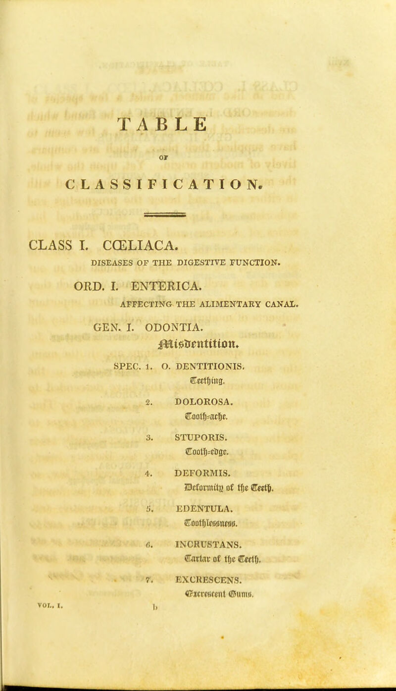 TABLE or CLASSIFICATION. CLASS I. CGELIACA. DISEASES OF THE DIGESTIVE FUNCTION. ORD. I. ENTERICA. AFFECTING THE ALIMENTARY CANAL. GEN. I. ODONTTA. jtttjslrimtitiom SPEC. i. O. DENTITIONIS. Ceetfjwg. 2. DOLOROSA. Sootfcacfje. 3. STUPORIS. Cootfj=c&ge. 4. DEFORMIS. JDefotmtta of tfje drattl- 5. EDENTULA. ilootfjtasswsjc. la INCRUSTANS. ftattav of tljc Ccetfo. 7. EXCKESCENS. QfftmmA *B\\ma. VOL. I, h