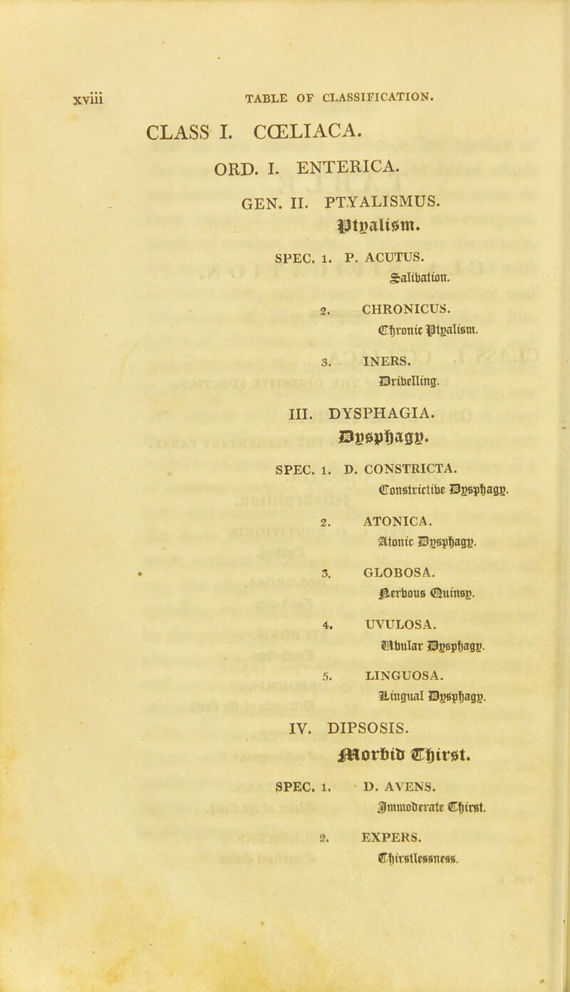 CLASS I. CCELIACA. ORD. I. ENTERICA. GEN. II. PTYALISMUS. SPEC. 1. P. ACUTUS. Salibatum. 2. CHRONICUS. Cfjrotm pgalism. 3. INERS. Unbrtlmg. III. DYSPHAGIA. SPEC. 1. D. CONSTRICTA. ConstrictibE Sgepfiagg. 2. ATONIC A. atonic ?3gspt)agg. 3. GLOBOSA. Jlerboua ©uhwg. 4. UVULOSA. Sftbulat- JEgsyfiagg. 5. LINGUOSA. ILmgual IPguptiagg. IV. DIPSOSIS. Movtitj Cfjtrat. SPEC. 1. D. AVENS. SmntoUrratr &f)int. 2. EXPERS. {HriwtteMttBW.