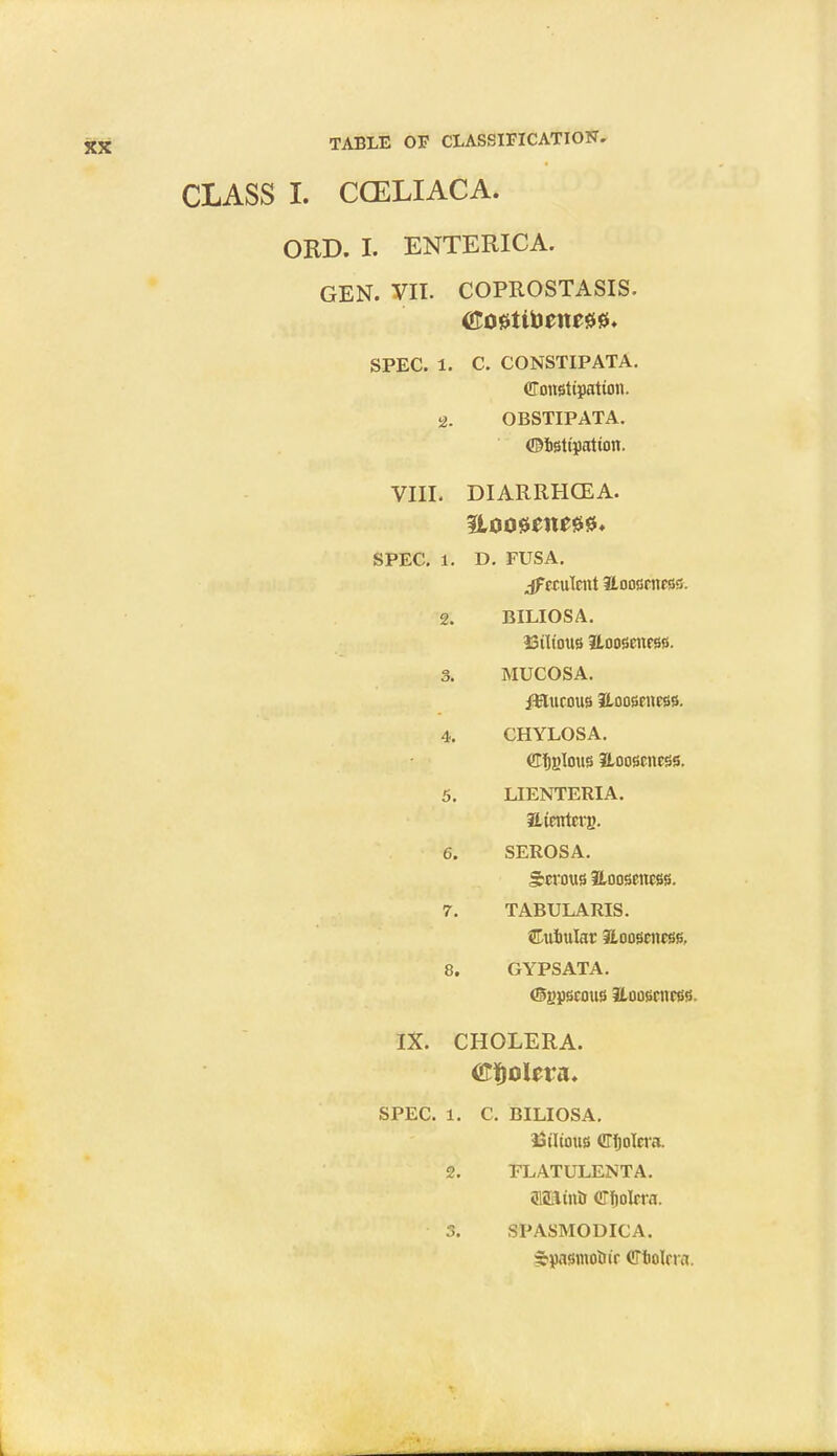 CLASS I. CGELIACA. ORD. I. ENTERICA. GEN. VII. COPROSTASIS. SPEC. 1. C. CONSTIPATA. Constipation. 2. OBSTIPATA. ©bstipatton. VIII. DIARRHCEA. SPEC. 1. D. FUSA. dfeculent Hooontess. 2. BILIOSA. iSiltOUS HOOSettfSfS. 3. MUCOSA. iStucous ILoosennss. 4. CHYLOSA. dfjglOUS SLOOSCttCSSS. 5. LIENTERIA. 6. SEROSA. Serous Hooscncss. 7. TABULARIS. ©uiulat fiooseiiesg, 8. GYPSATA. (Sgpscouss ILoocrimss. IX. CHOLERA. SPEC. 1. C. BILIOSA. bilious CTIjoIeva. 2. FLATULENTA. aiffiiino CTJioltra. 3. SPASMODICA. Spasmooir dfcolna.