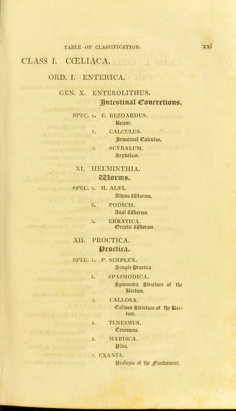 CLASS I. CCELIACA. ORD. L ENTERICA. GEN. X. ENTEROLITHUS. $ntc$tinal <&oncvetion$. SPEC. 1. E. BEZOARDUS. $5e{oar. 2. CALCULUS. intestinal Calculus. 3. SCYBALUM. Scglialum. XL HELMINTHIA. HMoxm$. SI'EC. 1. H. ALVL SUbine Sisaonns. 2. PODICIS. anal Sisaonns. 3. ERRATIC A. ©rratic fflsaorms. XII. PROCTICA. Droctica. .SPEC. 1. P. SIMPLEX. pimple $roctica. 2. SPASMODIC A. sppasmooic Stricture of tf)c tectum. 3. CALLOSA. Callous Stricture of tfje Kcc= turn. 4. TENESMUS. ^Tenesmus. 5. MARISCA. Diles. 6. EXANIA. Wrolov'jf of tlic ,-ff tmtiamnit.