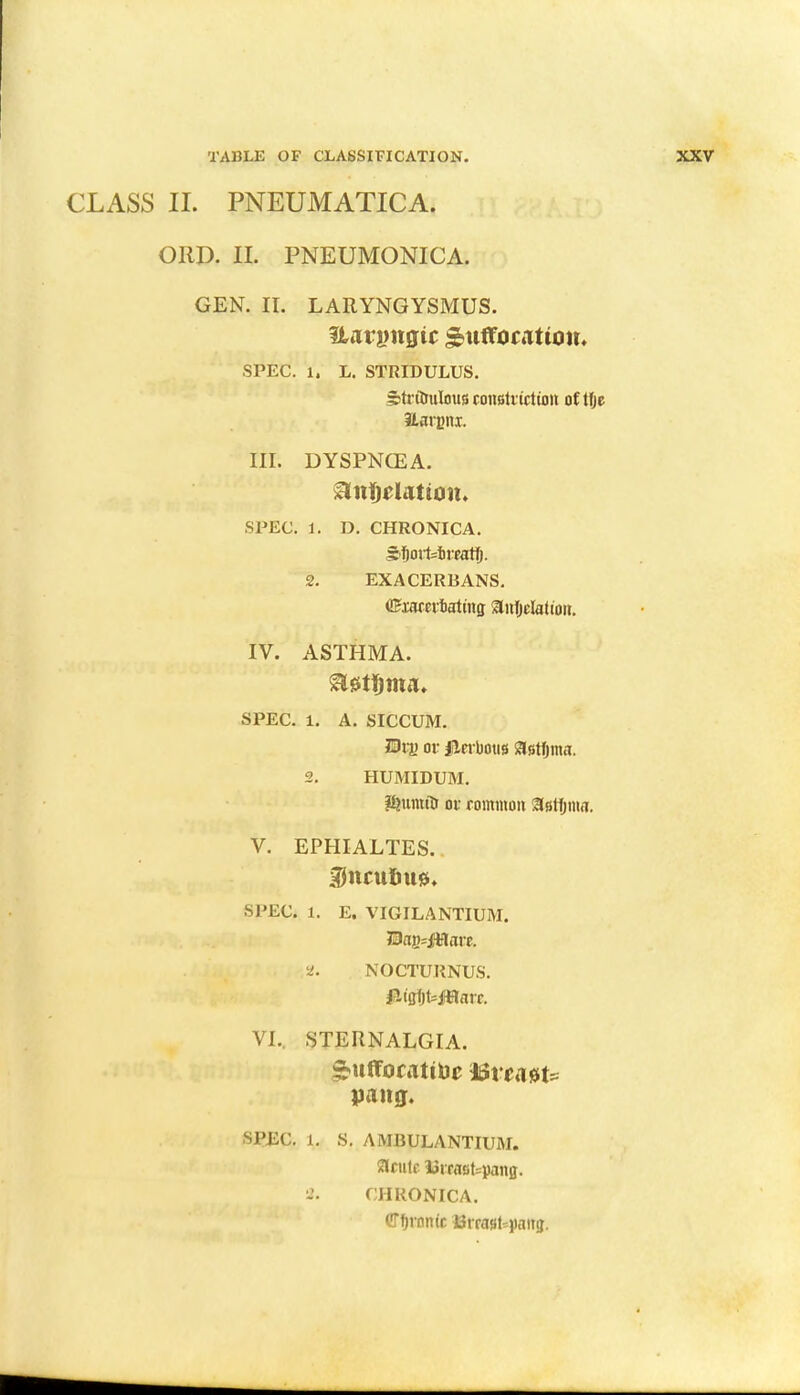CLASS II. PNEUMATICA. ORD. II. PNEUMONICA. GEN. II. LARYNGYSMUS. lUrnngtc Suffocation. SPEC. 1. L. STRIDULUS. Strflmlous constriction of tfjc III. DYSPNOEA. anluiatton. SPEC. 1. D. CHRONICA. S5ort=treaffj. 2. EXACERBANS. (Bmttbsting antjelatioii. IV. ASTHMA. SPEC. 1. A. SICCUM. Dry oi- Jikruoiis astfjma. 2. HUMIDUM. fiijiimttr of common SStatymg. V. EPHIALTES. Dncitous. SPEC. 1. E. VIGILANTIUM. Barman, ■i. NOCTURNUS. VI. . STERNALGIA. SuftotiTtiOc &vea&u pang. SPEC. L S. AMBULANTIUM. acute lSrrast=pang. a. CHRONICA. Cfjrontc BrcagUpanij.