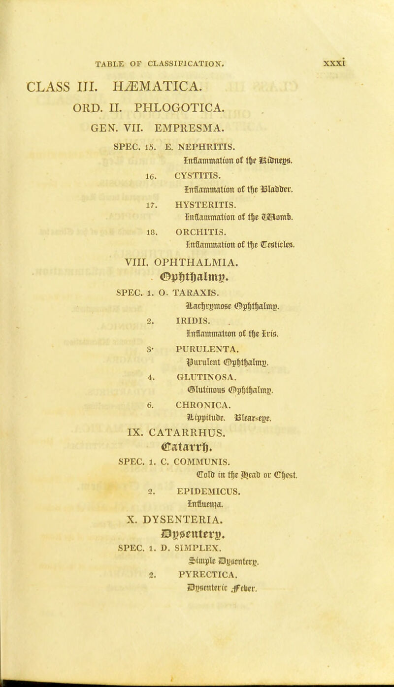 CLASS III. HiEMATICA. ORD. II. PHLOGOTICA. GEN. VII. EMPRESMA. SPEC. 15. E. NEPHRITIS. Inflammation of tt»e Stoness. 16. CYSTITIS. Inflammation of ffje ISIabtrcr. 17. HYSTERITIS. Inflammation of ttje <E2Roml). 18. ORCHITIS. Inflammation of ttje Ccstitto. VIII. OPHTHALMIA. ©pfjtijalmtn SPEC. 1. O. TARAXIS. Harfirgmose ©pf)ff)almi). 2. IRIDIS. Inflammation of tf»c Iris. 3- PURULENTA. purulent ©pfitfialmg. 4. GLUTINOSA. Glutinous ©pfjttalms. 6. CHRONICA. iLtppttulre. 13Icar=eyc. IX. CATARRHUS. Catarrfj. SPEC. i. C. COMMUNIS. Coltr in tf)c It?rao or (fffjcfit. 2. EPIDEMICUS. Enflunija. X. DYSENTERIA. SPEC. 1. D. SIMPLEX. Simple JUfisenterfi, 2. PYRECTICA. <3>)flcntcric Jftitt.