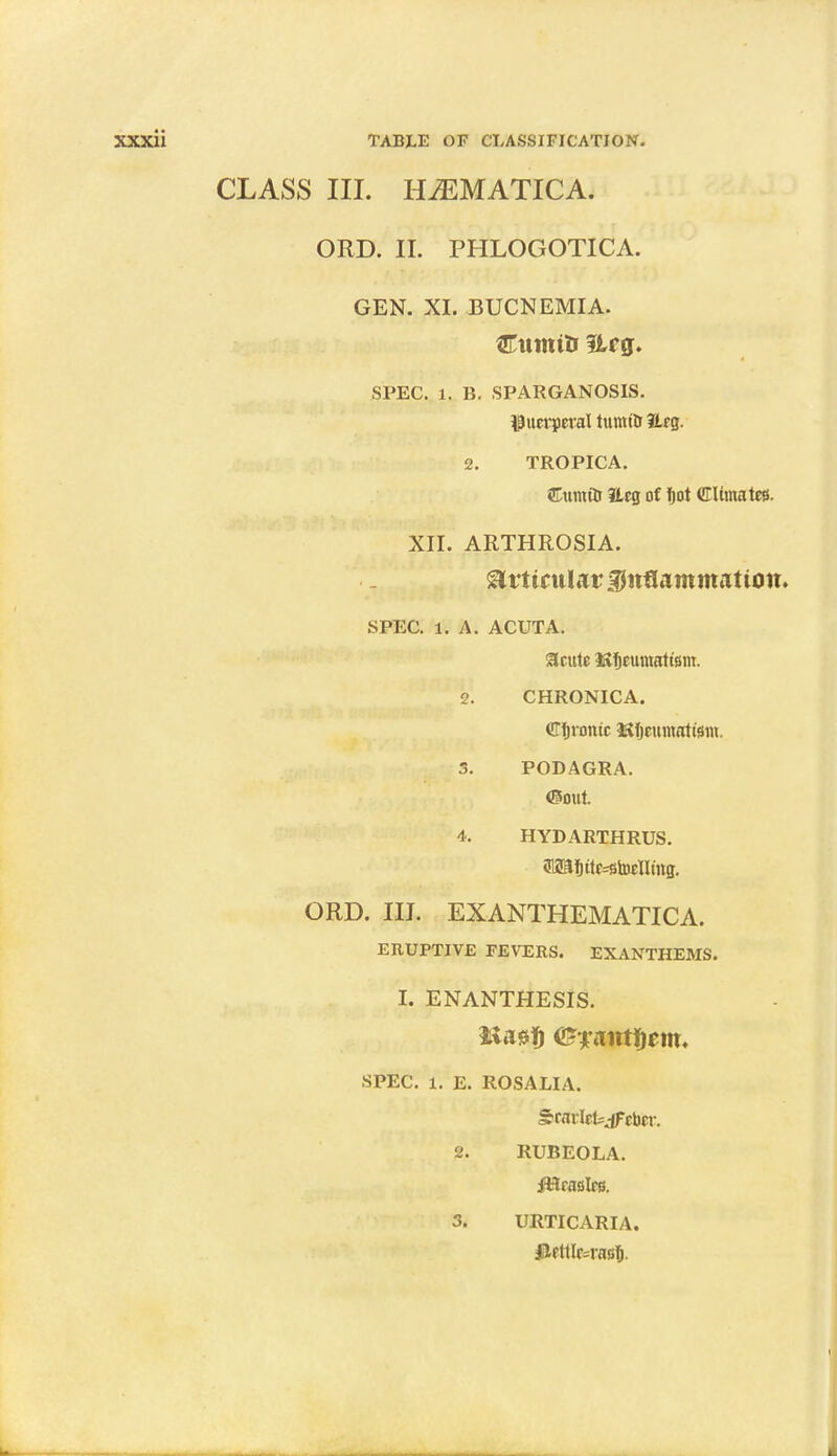 CLASS III. HiEMATICA. ORD. II. PHLOGOTICA. GEN. XI. BUCNEMIA. SPEC. 1. B. SPARGANOSIS. puerperal tumt'tr JUg. 2. TROPICA. &umi& Hcg of fjot CTUmatcss. XII. ARTHROSIA. Articular ^ttfltimmfittom SPEC. l. A. ACUTA. Scute Itfjeumatism. 2. CHRONICA. €ljronic asfjeumattsm. 3. PODAGRA. ©out 4. HYDARTHRUS. 91iSafjtte=stocHtng. ORD. III. EXANTHEMATICA. ERUPTIVE FEVERS. EX ANTHEMS. I. ENANTHESIS. Un$t) <&fantt)em. SPEC. l. E. ROSALIA. §r<ti:Ict=jFet)cr. 2. RUBEOLA. fHrasIrc. 3. URTICARIA. JMtferasfj.