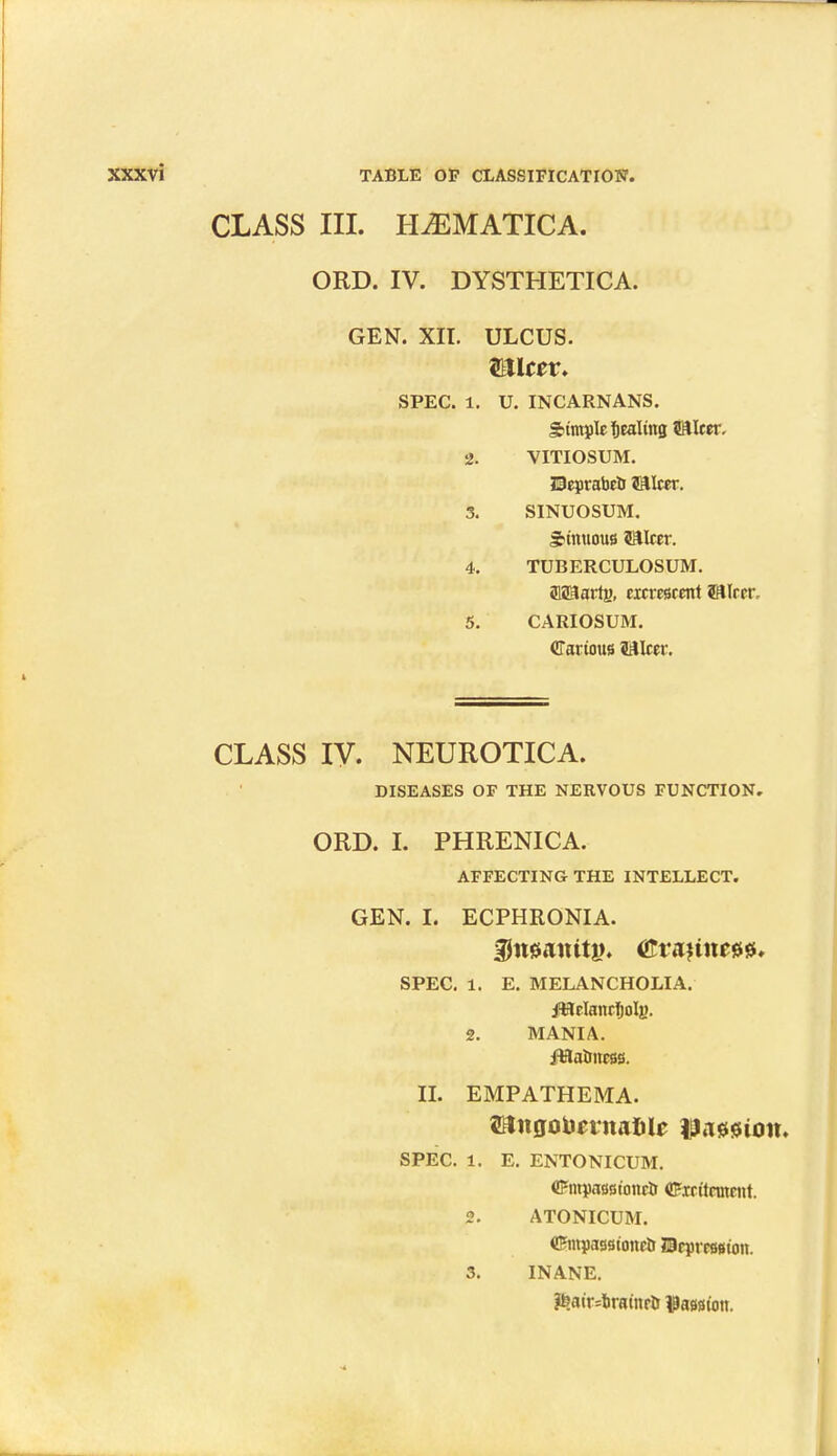 CLASS III. HiEMATICA. ORD. IV. DYSTHETICA. GEN. XII. ULCUS. Walter, SPEC. 1. U. INCARNANS. Simple fiealing ©Iter. ■i. VITIOSUM. ©eprabeli 5aicer. 3. SINUOSUM. Sinuous Wcet. 4. TUBERCULOSUM. fflaaartg, cicresrcnt lAhtr. 5. CARIOSUM. Carious saicer. CLASS IV. NEUROTICA. DISEASES OF THE NERVOUS FUNCTION. ORD. I. PHRENICA. AFFECTING THE INTELLECT. GEN. I. ECPHRONIA. SPEC. 1. E. MELANCHOLIA. fHrianffjoIa. 2. MANIA. fWaUttcss. II. EMPATHEMA. SPEC. 1. E. ENTONICUM. tFmpassionrlr ©xritratettt. 2. ATONICUM. ©ntpagsstonctJ Hcpression. 3. INANE. ^atrdbramrtJ passion.