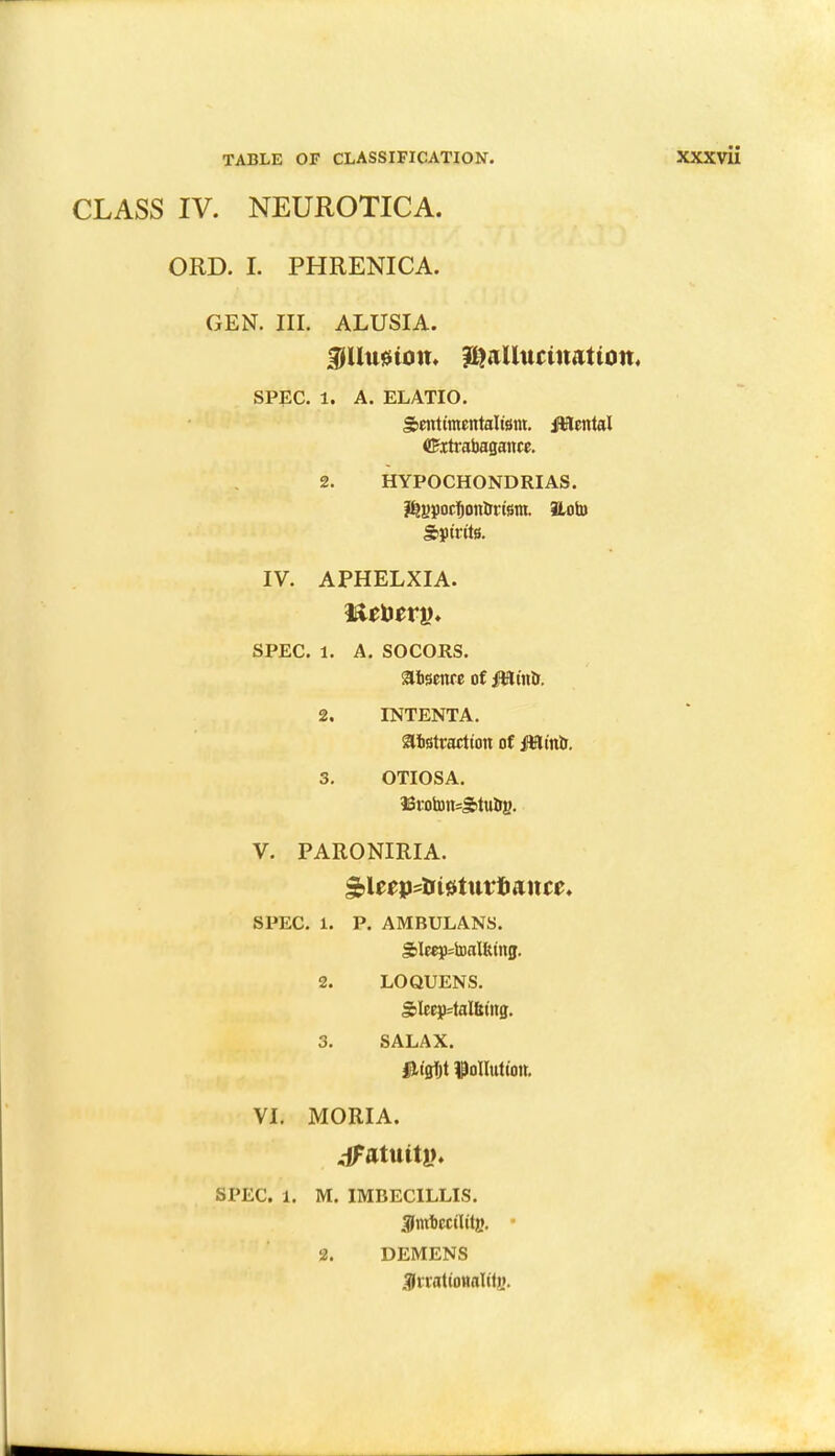 CLASS IV. NEUROTICA. ORD. I. PHRENICA. GEN. III. ALUSIA. $Uu0tom hallucination. SPEC. 1. A. ELATIO. Sentimentaltem. iWmtal ©itrabagance. 2. HYPOCHONDRIAS. Spirits. IV. APHELXIA. SPEC. 1. A. SOCORS. atsenre of jHHtntr. 2. INTENTA. abstraction of jaainlr. 3. OTIOSA. 13roton=£>tu&g. V. PARONIRIA. ^lecpsfcteturiiancc. SPEC. 1. P. AMBULANS. SIeep=toalfeing. 2. LOQUENS. g>lw)Mal&titg. 3. SALAX. jliglil ftolltttiotr. VI. MORIA. .iTatuity. SPEC. 1. M. IMBECILLIS. iflmbccilitp. 2. DEMENS ^nationality.