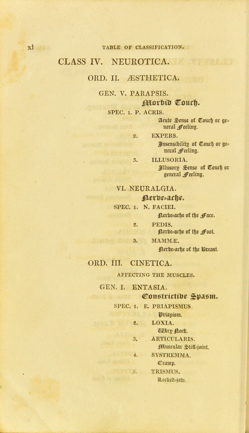 CLASS IV. NEUROTICA. ORD. II. tESTHETICA. GEN. V. PARAPSIS. SPEC. i. P. ACRIS. Scute Sense of ffioucf) or ge= neral jfeeling. 2. EXPERS. SfnsensittlitB of Couef) or ge= neral if eeltng. 3. ILLUSORIA. JJIIusoiB Sense of ©oucl) or general Reeling. VI. NEURALGIA. SPEC. ft. N. FACIEI. jHerbesaefje of tfie jface. 2. PEDIS. jierb&=acl)e of tfje jFoot 3. MAMMJE. iicrbe=ac!f)e of tfjc Breast. ORD. III. CINETICA. AFFECTING THE MUSCLES. GEN. I. ENTASIA. (Eomtvictibe &pn$m. SPEC. 1. E. PRIAPISMUS. priapism. 2. LOXIA. fflaaru &tck. 3. ARTICULARIS. jMuscuIar Stififcjomt. 4. SYSTREMMA. {tramp. & TRISMUS. ftorkrb=jato.