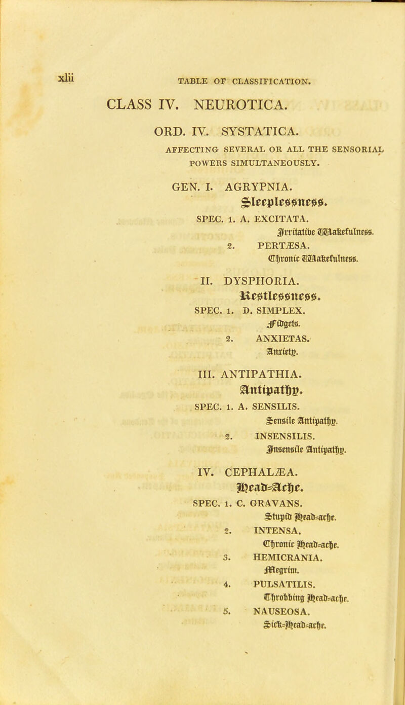CLASS IV. NEUROTICA. ORD. IV. SYSTATICA. AFFECTING SEVERAL OB ALL THE SENSORIAL POWERS SIMULTANEOUSLY. GEN. I. AGRYPNIA. SPEC. 1. A. EXCITATA. Jrtttatibc 2123aftefuliuw. 2. PERTjESA. <Ef>nmt£ auaaftefulnrse. II. DYSPHORIA. $U0tl*00n€00» SPEC. 1. D. SIMPLEX. jfflrgets. 2. ANXIETAS. III. ANTIPATHIA. SPEC. 1. A. SENSILIS. Senstle antiapatlig. 2. INSENSILIS. Snsensik antipatfig. IV. CEPHALiEA. SPEC. 1. C. GRAVANS. g>tupttr &rat)=acf)e. 2. INTENSA. Cfirontc l^calisacjc. 3. HEMICRANIA. iHrgrtm. 4. PULSATILIS. STfjrobbing &rab=ar1jr. 5. NAUSEOSA. £tctu&raU=acfir.