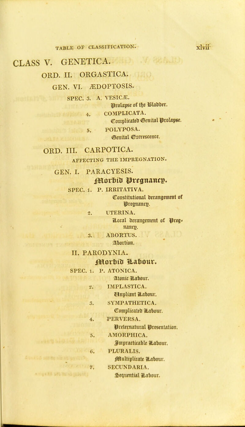 CLASS V. GENETICA. ORD. II. ORGASTICA. GEN. VI. jEDOPTOSIS. SPEC. 3. A. VESICAE. prolapse of ttjc BlabDet. 4. COMPLICATA. Complicate!! <Se nttal Prolapse. 5. POLYPOSA. ©enital Cinescence. ORD. III. CARPOTICA. AFFECTING THE IMPREGNATION. GEN. I. PARACYESIS. jftlorfiiti IbvtQXiantV!. SPEC. 1. P. IRRITATIVA. Constitutional Uerangcmcnt of Pregnancy. 2. UTERINA. aoral derangement of Preg* nancg. 3. ABORTUS. abortion. II. PARODYNIA. morfu& Itatiour, SPEC. l. P. ATONIC A. atonic 3Labour. 2. IMPLASTICA. SUnpliant JLabour. 3. SYMPATHETICA. Complicated Jiabour. 4. PERVERSA. Preternatural presentation. 5. AMORPHICA. impracticable Uabour. 6. PLURALIS. JHultipltratc Uabour. 7. SECUNDARIA. Sfcennrotial ILabour.