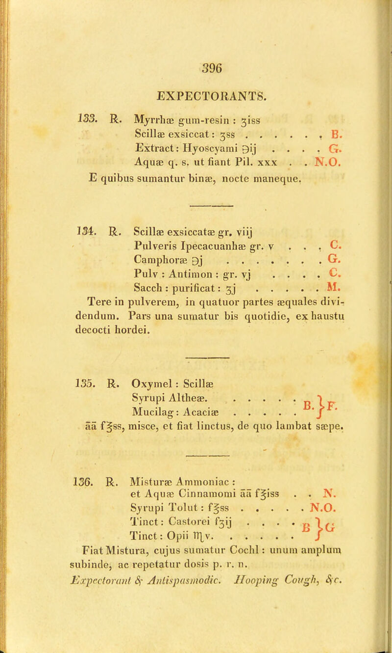 EXPECTORANTS. 133. R. Mjrrliae gum-resiii : 3iss Scillffi exsiccat: 3SS B. Extract: Hjoscyami 9ij . ... G. Aquae q. s. ut fiant Pil. xxx . . N.O. E quibus sumantur binae, nocte nianeque. 134:. R. Scillae exsiccatae gr, viij Pulveris Ipecacuanhae gr. v . . . C. Caraphorae G. Pulv : Antimon : gr. vj . ... C. Sacch : purificat: 5j M. Tere in pulvereni, in quatuor partes aequales divir denduni. Pars una suraatur bis quotidie, exhaustu decocti hordei. 135. R. Oxymel: Scillae Syrupi Altheae. B Mucilag: Acaciae J * aa f§ss, misce, et fiat linctus, de quo lambat saepe. 136. R. Misturae Ammoniac: et Aquae Cinnamomi aii f^iss . . N. Syrupi Tolut: f§ss N.O. Tinct: Opii Tr[v Fiat Mistura, cujus sumatur Cochl: unuin aniplum subinde, ac repetatur dosis p. r. n. Expcctoninl St' Anlispasmodic. Hooping Cough, S;c. B