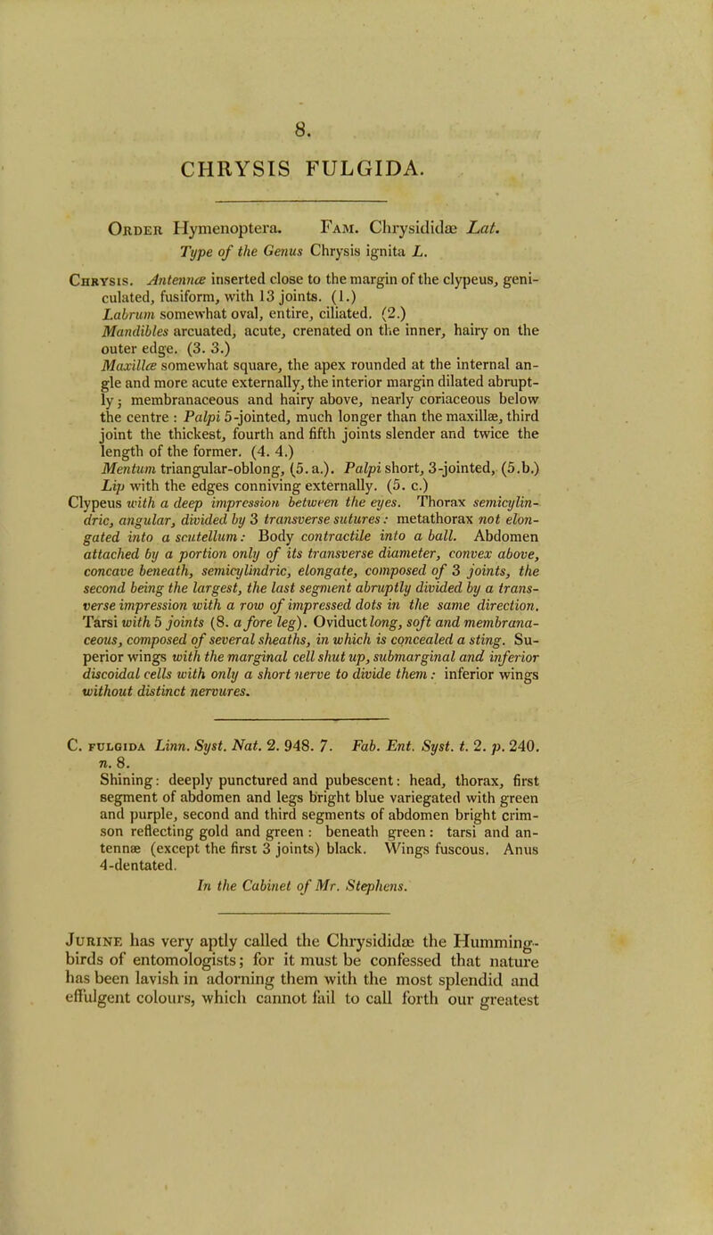 8. CHRYSIS FULGIDA. Order Hymenoptera. Fam. Chrysididae Lat. Type of the Genus Chrysis ignita L. Chrysis. Antennce inserted close to the margin of the clypeus, geni- culated, fusiform, with 13 joints. (1.) Labrum somewhat oval, entire, ciliated. (2.) Mandibles arcuated, acute, crenated on the inner, haiiy on the outer edge. (3. 3.) Maxillce somewhat square, the apex rounded at the internal an- gle and more acute externally, the interior margin dilated abrupt- ly j membranaceous and hairy above, nearly coriaceous below the centre : Palpi 5-jointed, much longer than the maxillae, third joint the thickest, fourth and fifth joints slender and twice the length of the former. (4. 4.) Mentum triangular-oblong, (5. a.). Palpi short, 3-jointed, (5.b.) Lip with the edges conniving externally. (5. c.) Clypeus with a deep impression between the eyes. Thorax semicylin- dric, angular, divided by 3 transverse sutures: metathorax not elon- gated into asaitellum: Body contractile into a ball. Abdomen attached by a portion only of its transverse diameter, convex above, concave beneath, semicylindric, elongate, composed of 3 joints, the second being the largest, the last segment abruptly divided by a trans- verse impression with a row of impressed dots in the same direction. Tarsi with 5 joints (8. afore leg). Oviduct long, soft and membrana- ceous, composed of several sheaths, in which is concealed a sting. Su- perior wings with the marginal cell shut up, submarginal and inferior discoidal cells with only a short nerve to divide them: inferior wings without distinct nervures. C. fulgida Linn. Syst. Nat. 2. 948. 7. Fab. Ent. Syst. t. 2. p. 240. n. 8. Shining: deeply punctured and pubescent: head, thorax, first segment of abdomen and legs bright blue variegated with green and purple, second and third segments of abdomen bright crim- son reflecting gold and green : beneath green: tarsi and an- tennas (except the first 3 joints) black. Wings fuscous. Anus 4-dentated. In the Cabinet of Mr. Stephens. Jurine has very aptly called the Chrysididae the Humming- birds of entomologists; for it must be confessed that nature has been lavish in adorning them with the most splendid and effulgent colours, which cannot fail to call forth our greatest