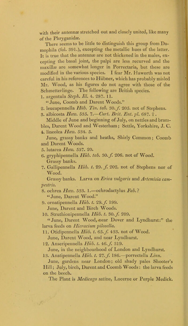 with their antennjE stretched out and closely united, like many of the Phryganidse. There seems to be little to distinguish this group from Da- mophila (fol. 391.)j excepting the metallic hues of the latter. It is true that the antennae are not thickened in the males, ex- cepting the basal joint, the palpi are less recurved and the maxillae are somewhat longer in Porrectaria, but these are modified in the various species. I fear Mr. Haworth was not careful in his references to Hiibner, which has probably misled Mr. Wood, as his figures do not agree with those of the Schmetterlinge. The following are British species. 1. argentula Steph. Ill 4. 287. 11. June, Coomb and Darent Woods. 2. leucapennella Hiib. Tin. tab. 30. f. 205. not of Stephens. 3. albicosta Hano. 535. 7.—Curt. Brit. Ent. j^l. 687. ? . Middle of June and beginning of July, on nettles and bram- bles, Darent Wood and Westerham; Settle, Yorkshire, J. C. 4. lineolea Hano. 534. 5. June, grassy banks and heaths, Shirly Common; Coomb and Darent Woods. 5. lutarea Haw. 537. 20. 6. gryphipennella Hiib. tab. SO.f. 206. not of Wood. Grassy banks. 7. Gallipennella Hiib. t. 29. f. 202. not of Stephens nor of Wood. Grassy banks. Larva on Erica vulgaris and Artemisia cam- pestris. 8. ochrea Halo. 533. 1.—ochrodactylus Fab.?  June, Darent Wood. 9. ornatipennella Hiib. t. 29. Jl 199. June, Darent and Birch Woods. 10. Struthionipennella Hiib. t. 30. f. 209. June, Darent Wood,.near Dover and Lyndhurst: the larva feeds on Hieracium pilosella. 11. Otidipennella Hiib. t. 65. f. 433. not of Wood. June, Darent Wood, and near Lyndhurst. 12. Anseripennella Hiib. t. ^6.f. 319. June, in the neighbourhood of London and Lyndhurst. 13. Anatipennella Hiib. t. 21. f. 186.—porrectella Linn, June, gardens near London; old shady pales Shooter's Hill; July, birch, Darent and Coomb Woods: the larva feeds on the beech. The Plant is Medicago sativa, Lucerne or Purple Medick.