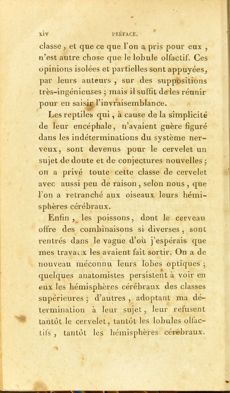 classe, et que ce que l'on a, pris pour eux , n'est autre chose que le lobule olfactif. Ces opinions isolées et partielles sont appuyées., par leurs auteurs , sur des suppositions très-ingénieuses ; mais il suffit de les réunir pour en saisir l'invraisemblance. Les reptiles qui, à cause de la simplicité de leur encéphale, n'avaient guère figuré dans les indéterminations du système ner- veux, sont devenus pour le cervelet un sujet de doute et de conjectures nouvelles ; on a privé toute cette classe de cervelet avec aussi peu de raison , selon nous , que l'on a retranché aux oiseaux leurs hémi- sphères cérébraux. Enfin, les poissons, dont le cerveau offre des combinaisons si diverses , sont rentrés dans le vagûe d'où j'espérais que mes travaux les avaient fait sortir. On a de nouveau méconnu leurs lobes optiques ; quelques anatomistes persistent a voir en eux les hémisphères cérébraux des classes supérieures ; d'autres , adoptant ma dé- termination à leur sujet, leur refusent tantôt le cervelet, tantôt les lobules olfac- tifs , tantôt les hémisphères cérébraux. 1