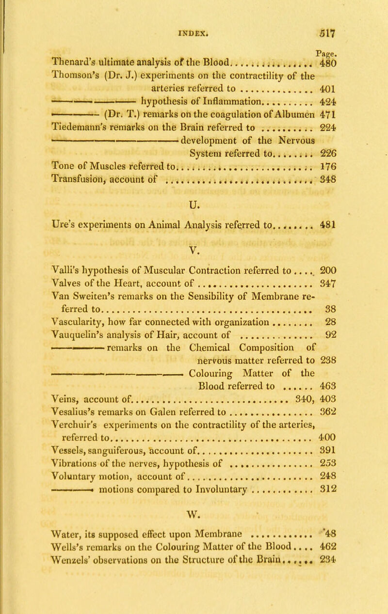 Page. Thenard's ultimate analysis of the Blood 480 Thomson's (Dr. J.) experiments on the contractility of the arteries referred to 401 -— 1 hypothesis of Inflammation 424 ■ - (Dr. T.) remarks on the coagulation of Albumen 471 Tiedemann's remarks on the Brain referred to 224 • development of the Nervous System referred to 226 Tone of Muscles referred to 176 Transfusion, account of 348 U. Ure's experiments on Animal Analysis referred to........ 481 V. Valli's hypothesis of Muscular Contraction referred to .... 200 Valves of the Heart, account of 347 Van Sweiten's remarks on the Sensibility of Membrane re- ferred to 38 Vascularity, how far connected with organization 28 Vauquelin's analysis of Hair, account of 92 i —remarks on the Chemical Composition of nervous matter referred to 238 ■ . Colouring Matter of the Blood referred to 463 Veins, account of. 340, 403 Vesalius's remarks on Galen referred to 362 Verchuir's experiments on the contractility of the arteries, referred to 400 Vessels, sanguiferous, account of 391 Vibrations of the nerves, hypothesis of 253 Voluntary motion, account of 248 ■ motions compared to Involuntary 312 W. Water, its supposed effect upon Membrane *48 Wells's remarks on the Colouring Matter of the Blood.... 462 Wenzels' observations on the Structure of the Brain..,.234