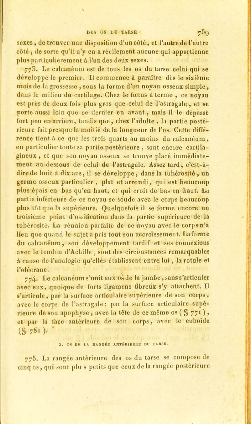 sexes, de trouver une disposition d'un côté, et l'autre de l'autre côté , de sorte qu'il n'y en a réellement aucune qui appartienne plus particulièrement à l'un des deux sexes. 775. Le calcanéum est de tous les os du tarse celui qui se développe le premier. Il commence à paraître dès le sixième mois de la grossesse , sous la forme d'un noyau osseux simple, dans le milieu du cartilage. Chez le foetus a terme , ce noyau est près de deux fois plus gros que celui de l'astragale, et se porte aussi loin que ce dernier en avant, mais il le dépasse fort peu en arrière, tandis que, chez l'adulte , la partie posté- rieure fait presque la moitié de la longueur de l'os. Cette diffé- rence tient à ce que les trois quarts au moins du calcanéum, en particulier toute sa partie postérieure , sont encore cartila- gineux , et que son noyau osseux se trouve placé immédiate- ment au-dessous de celui de l'astragale. Assez tard, c'est-à- dire de huit à dix ans, il se développe, dans la tubérosité , un germe osseux particulier , plat et arrondi, qui est beaucoup plus épais en bas qu'en haut, et qui croît de bas en haut. La partie inférieure de ce noyau se soude avec le corps beaucoup plus tôt que la supérieure. Quelquefois il se forme encore un troisième point d'ossification dans la partie supérieure de la tubérosité. La réunion parfaite de ce noyau avec le corps n'a lieu que quand le sujet a pris tout son accroissement. La forme du calcanéum, son développement tardif et ses connexions avec le tendon d'Achille , sont des circonstances remarquables à cause de l'analogie qu'elles établissent entre lui, la rotule et l'olécrane. ^ 774. Le calcanéum s'unit aux os de la jambe, sans s'articuler avec eux, quoique de forts ligamens fibreux s'y attachent. Il s'articule, par la surface articulaire supérieure de son corps, avec le corps de l'astragale; parla surface articulaire supé- rieure de son apophyse, avec la tête de ce même os ( § 771 ), et par la face antérieure de son corps, avec le cuboïde (S 780- ' 2. OS DR Ci BANGKR ANTÉRIEURE DU TARSK. 775. La rangée antérieure des os du tarse se compose de cinq os, qui sont plu s petits que ceux de la rangée postérieure